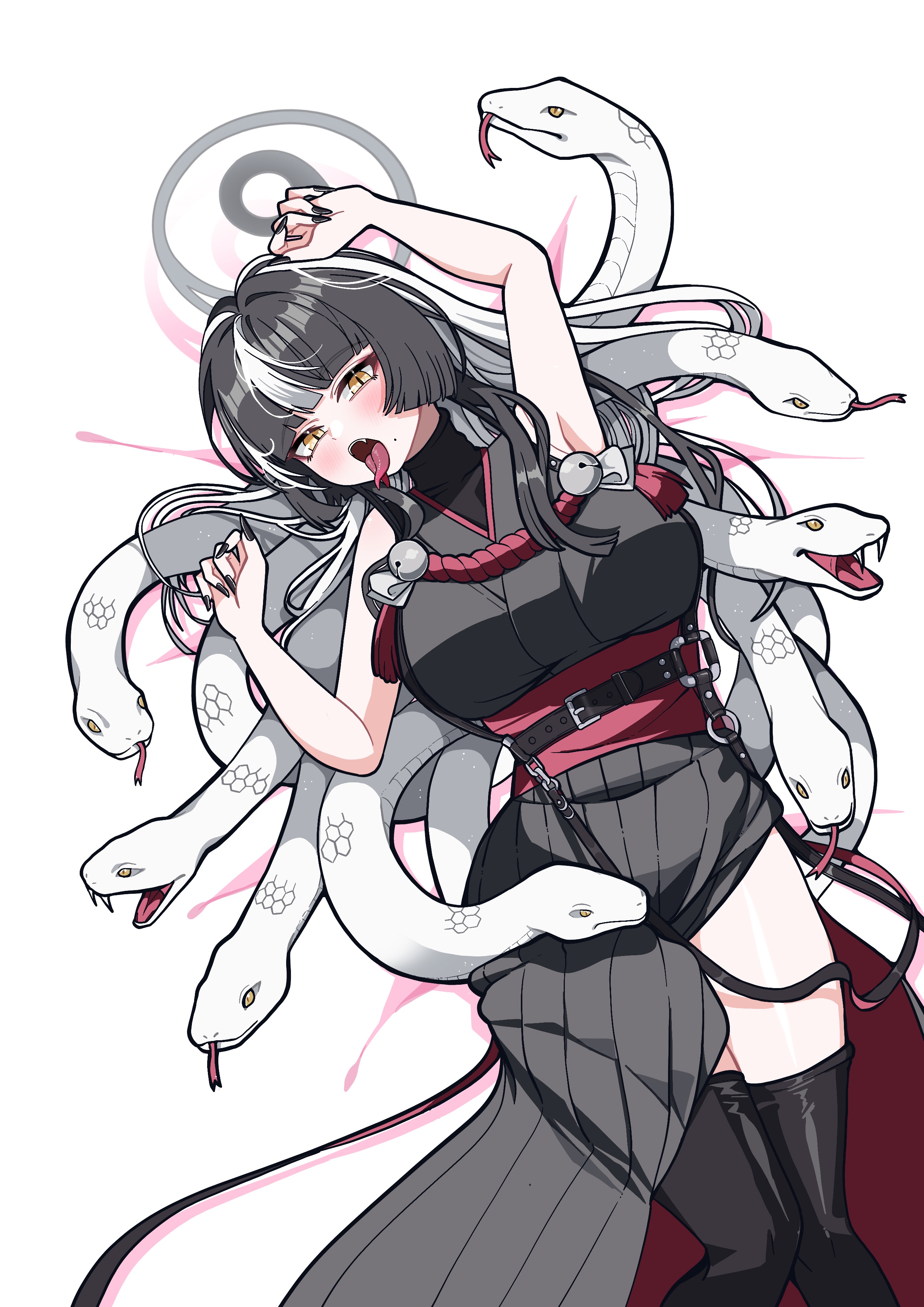 days (user zehd4554), azami (blue archive), blue archive, absurdres, highres, 1girl, black hair, black kimono, black nails, black thighhighs, breasts, forked tongue, grey halo, halo, japanese clothes, kimono, large breasts, looking at viewer, lying, multicolored hair, on back, sleeveless, sleeveless kimono, slit pupils, snake, snake hair, solo, thighhighs, tongue, two-tone hair, white hair, white snake, yellow eyes