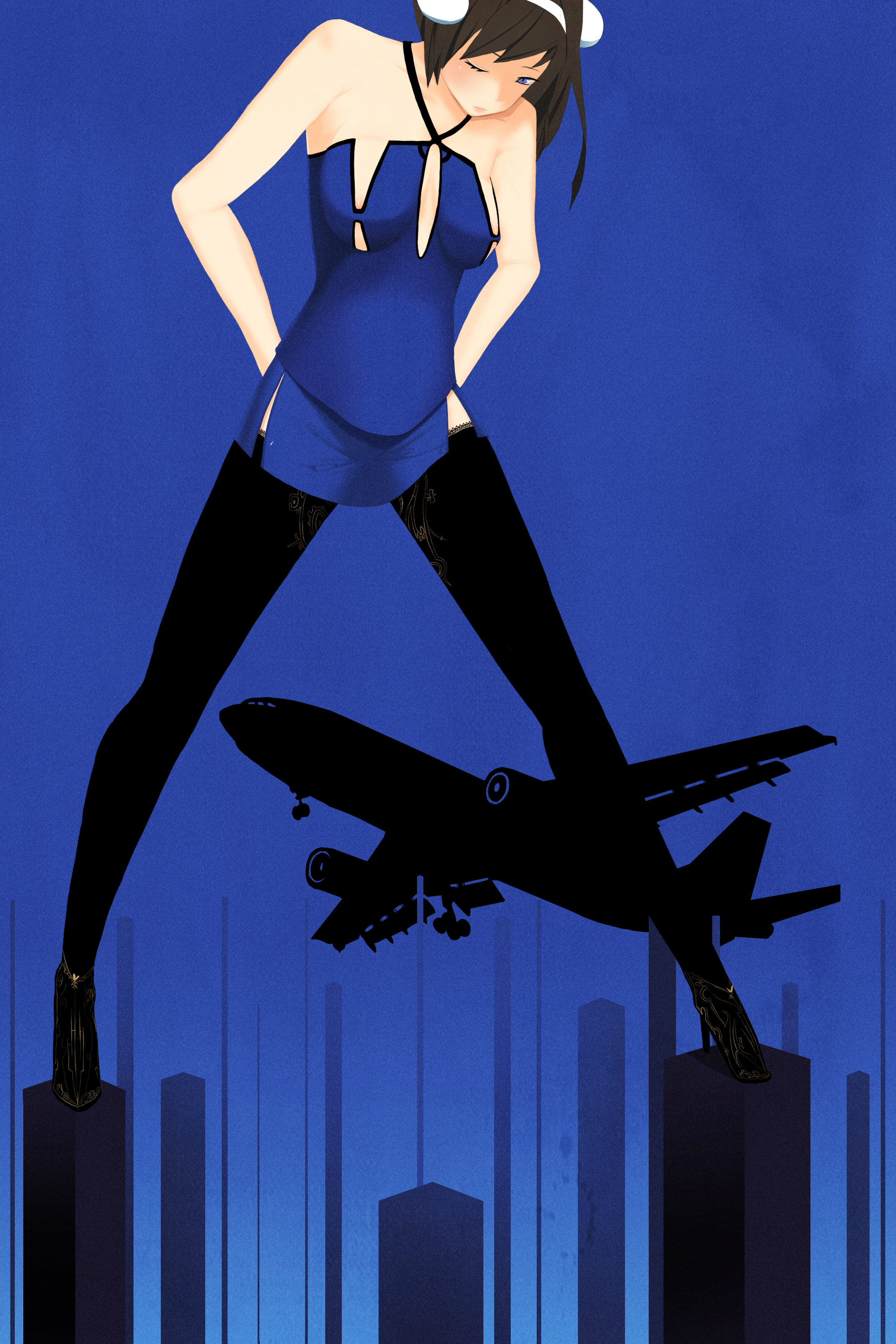dskb, original, absurdres, highres, 1girl, black hair, blue eyes, breasts, cleavage, female focus, medium breasts, short hair, solo, surreal, thighhighs