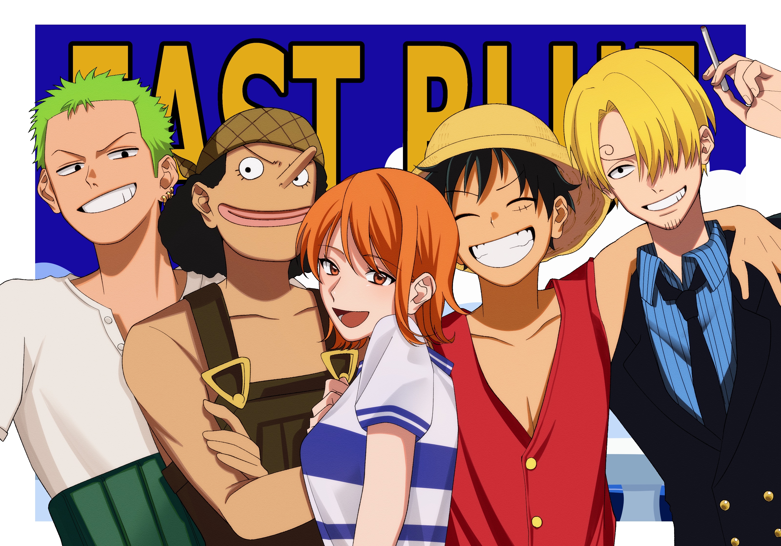ntuki oo3, monkey d. luffy, nami (one piece), roronoa zoro, sanji (one piece), usopp, one piece, absurdres, highres, 1girl, 4boys, bare shoulders, black hair, black jacket, black necktie, blonde hair, blue shirt, blue sky, border, brown eyes, brown overalls, cigarette, closed eyes, cloud, cloudy sky, collarbone, collared shirt, earrings, facial scar, green hair, grin, haramaki, hat, holding, holding cigarette, jacket, jewelry, long nose, looking at viewer, multiple boys, necktie, open mouth, orange hair, outside border, overalls, red vest, scar, scar on cheek, scar on face, shirt, short hair, short sleeves, single sidelock, sky, smile, straw hat, straw hat pirates, upper body, vest, white border, white shirt