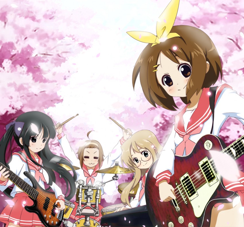 aruru no zaki, akiyama mio, hirasawa yui, kotobuki tsumugi, tainaka ritsu, k-on!, lucky star, duplicate, 4girls, 6-string bass guitar, :3, = =, ahoge, band (music), bass guitar, black hair, brown hair, cherry blossoms, cosplay, drum, drum set, electric guitar, extended range bass guitar, guitar, ho-kago tea time, instrument, keyboard, keyboard (instrument), long hair, multiple girls, parody, school uniform, serafuku, short hair, smile, synthesizer