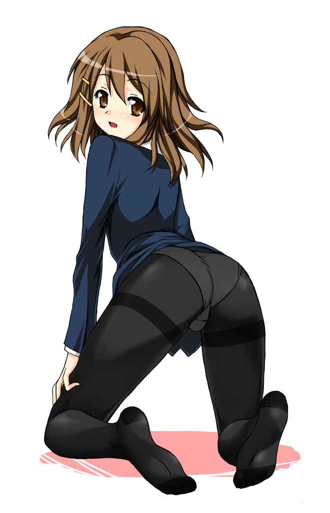 mushi024, hirasawa yui, k-on!, 00s, 1girl, ass, blush, brown eyes, brown hair, feet, female focus, hair ornament, hairclip, kneeling, looking back, no pants, open mouth, panties, panties under pantyhose, pantyhose, school uniform, solo, thighband pantyhose, underwear