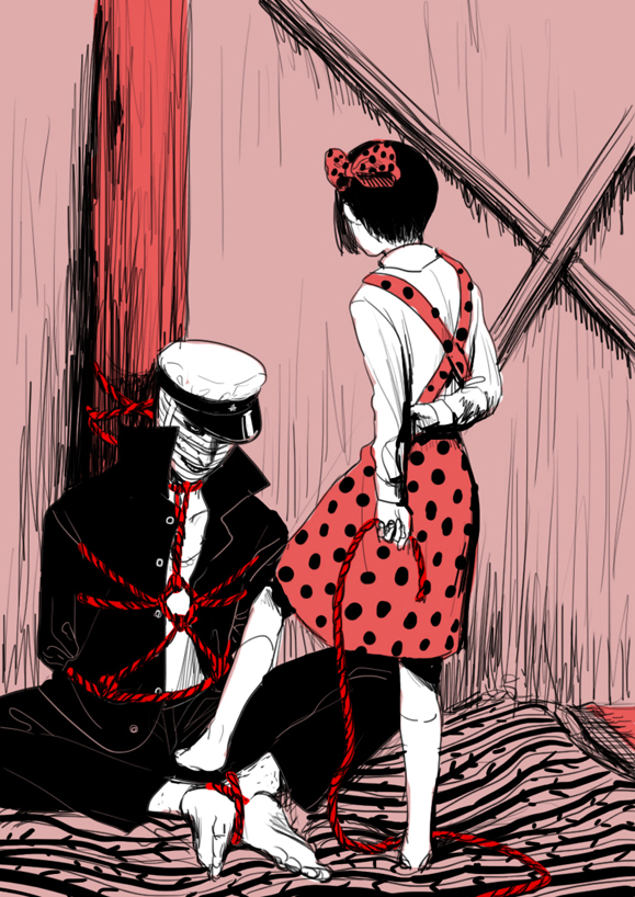 atamaokasii, midori (shoujo tsubaki), tokkuriji muchisute, shoujo tsubaki, commentary request, 1boy, 1girl, amputee, arm behind back, armless amputee, bandaged head, bandages, barefoot, bdsm, bound ankles, bow, covered face, double amputee, femdom, foot to another's crotch, gakuran, grin, hair bow, hat, high collar, holding, holding rope, indian style, jacket, kicking, kneehighs, long sleeves, looking at another, no shoes, on floor, open clothes, open jacket, pants, peaked cap, polka dot, polka dot bow, polka dot skirt, red bow, red skirt, red theme, restrained, rope, school uniform, shibari, shibari over clothes, shirt, short hair, sitting, skirt, smile, socks, standing, suspender skirt, suspenders