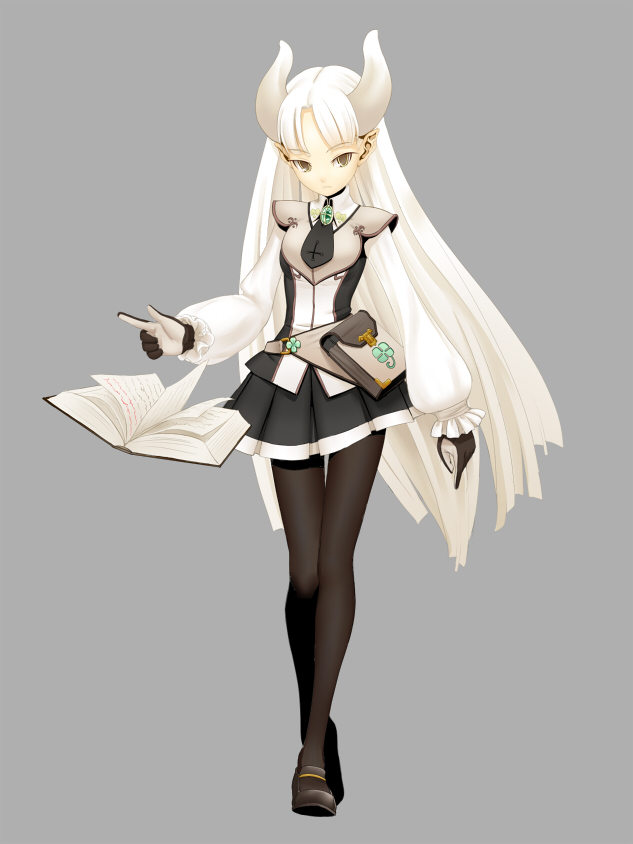 ga9, original, bad id, bad pixiv id, 1girl, black pantyhose, book, female focus, gloves, horns, legs, long hair, pantyhose, pointing, skirt, solo, white eyes, white hair