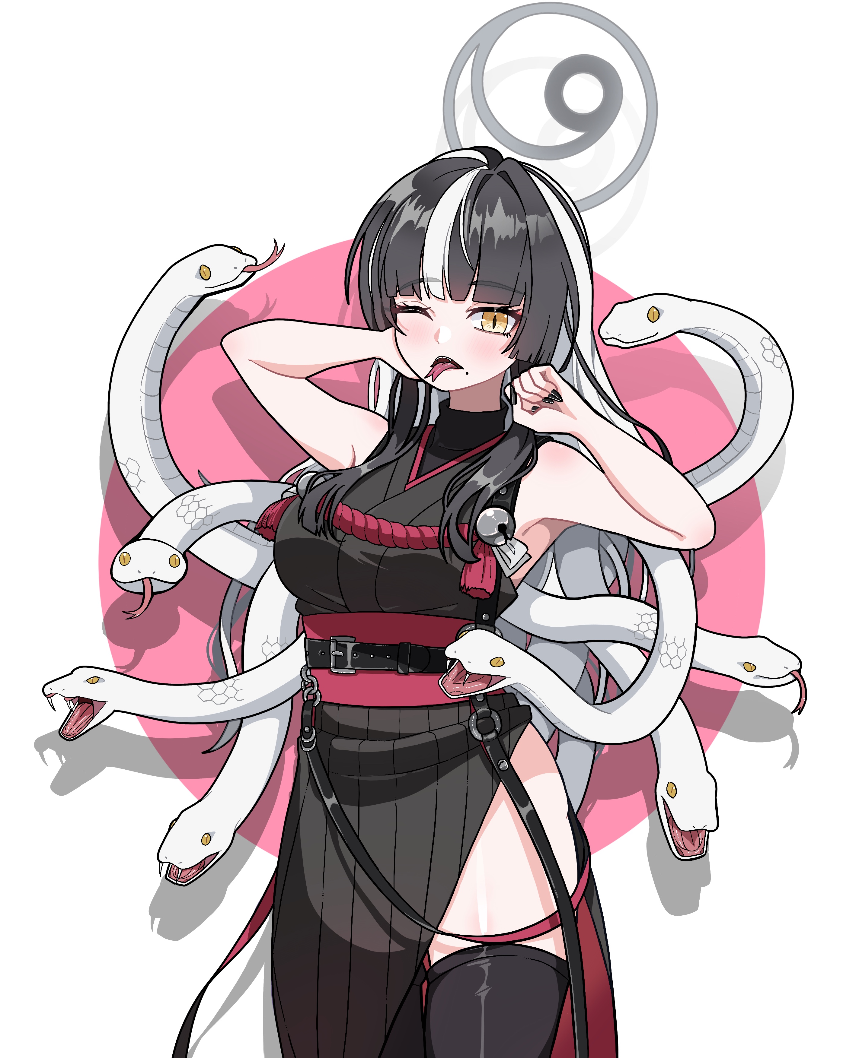 days (user zehd4554), azami (blue archive), blue archive, absurdres, highres, 1girl, black hair, black kimono, black nails, black thighhighs, breasts, forked tongue, grey halo, halo, japanese clothes, kimono, large breasts, looking at viewer, multicolored hair, one eye closed, sleeveless, sleeveless kimono, slit pupils, snake, snake hair, solo, thighhighs, tongue, two-tone hair, white hair, white snake, yellow eyes