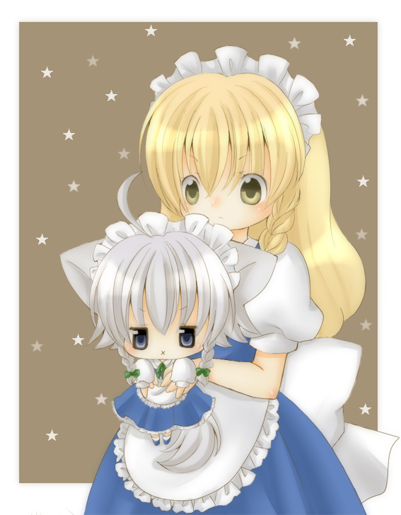 aruchi, aruchi (artist), inu sakuya (nejikirio), izayoi sakuya, kirisame marisa, touhou, silver hair, bad id, bad pixiv id, 2girls, ahoge, animal ears, blonde hair, blue eyes, braid, chibi, dog ears, dog tail, female focus, hairband, maid, multiple girls, short hair, side braid, tail, twin braids, x mouth, yellow eyes
