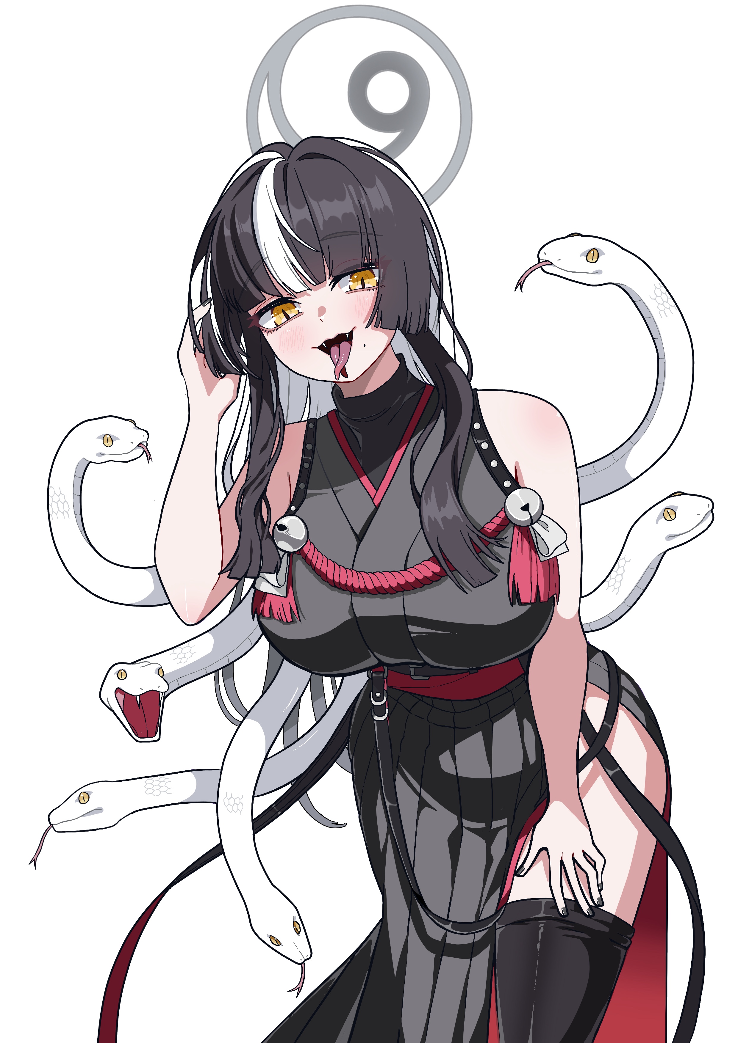 days (user zehd4554), azami (blue archive), blue archive, absurdres, highres, 1girl, black hair, black kimono, black nails, black thighhighs, breasts, forked tongue, grey halo, halo, japanese clothes, kimono, large breasts, looking at viewer, multicolored hair, sleeveless, sleeveless kimono, slit pupils, snake, snake hair, solo, thighhighs, tongue, two-tone hair, white hair, white snake, yellow eyes