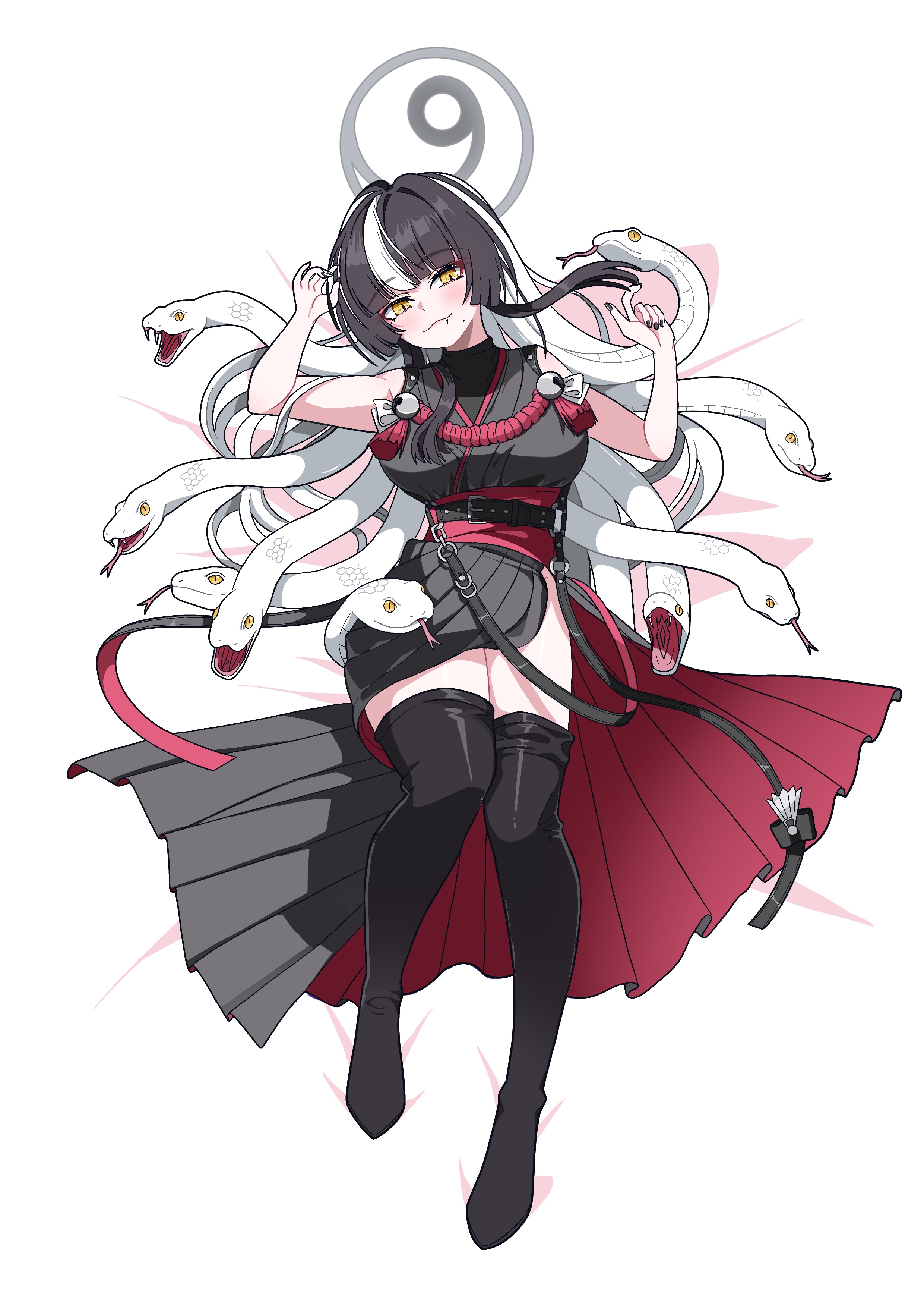 days (user zehd4554), azami (blue archive), blue archive, absurdres, highres, 1girl, black hair, black kimono, black nails, black thighhighs, breasts, forked tongue, grey halo, halo, japanese clothes, kimono, large breasts, looking at viewer, lying, multicolored hair, on back, sleeveless, sleeveless kimono, slit pupils, snake, snake hair, solo, thighhighs, tongue, two-tone hair, white hair, white snake, yellow eyes