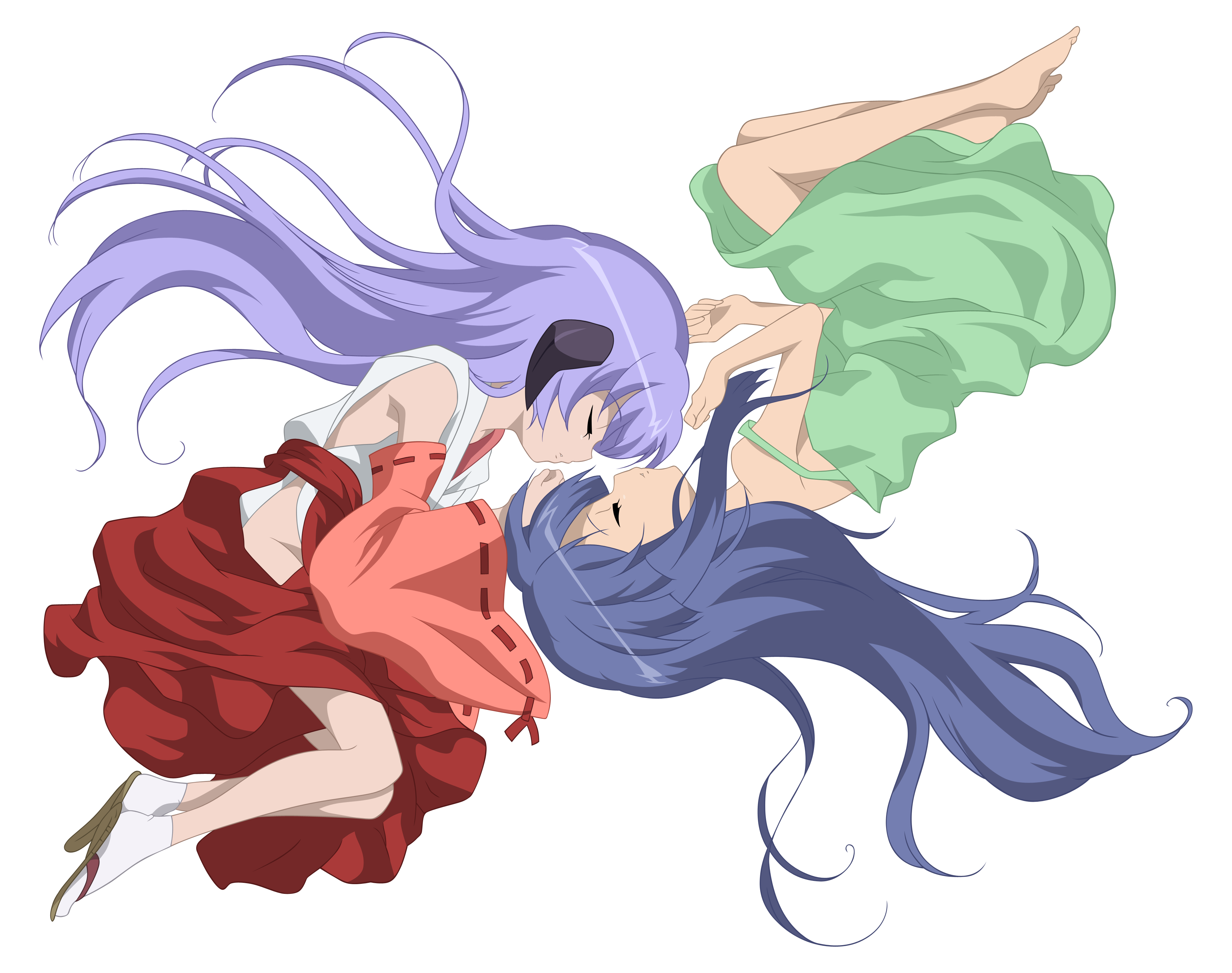 furude rika, hanyuu, higurashi no naku koro ni, absurdres, derivative work, highres, vector trace, 00s, 2girls, barefoot, blue hair, child, closed eyes, detached sleeves, dress, fetal position, full body, hakama, hakama skirt, horns, japanese clothes, long hair, miko, mirror opposites, multiple girls, purple hair, red hakama, rotational symmetry, skirt, socks, symmetry, transparent background, yuri