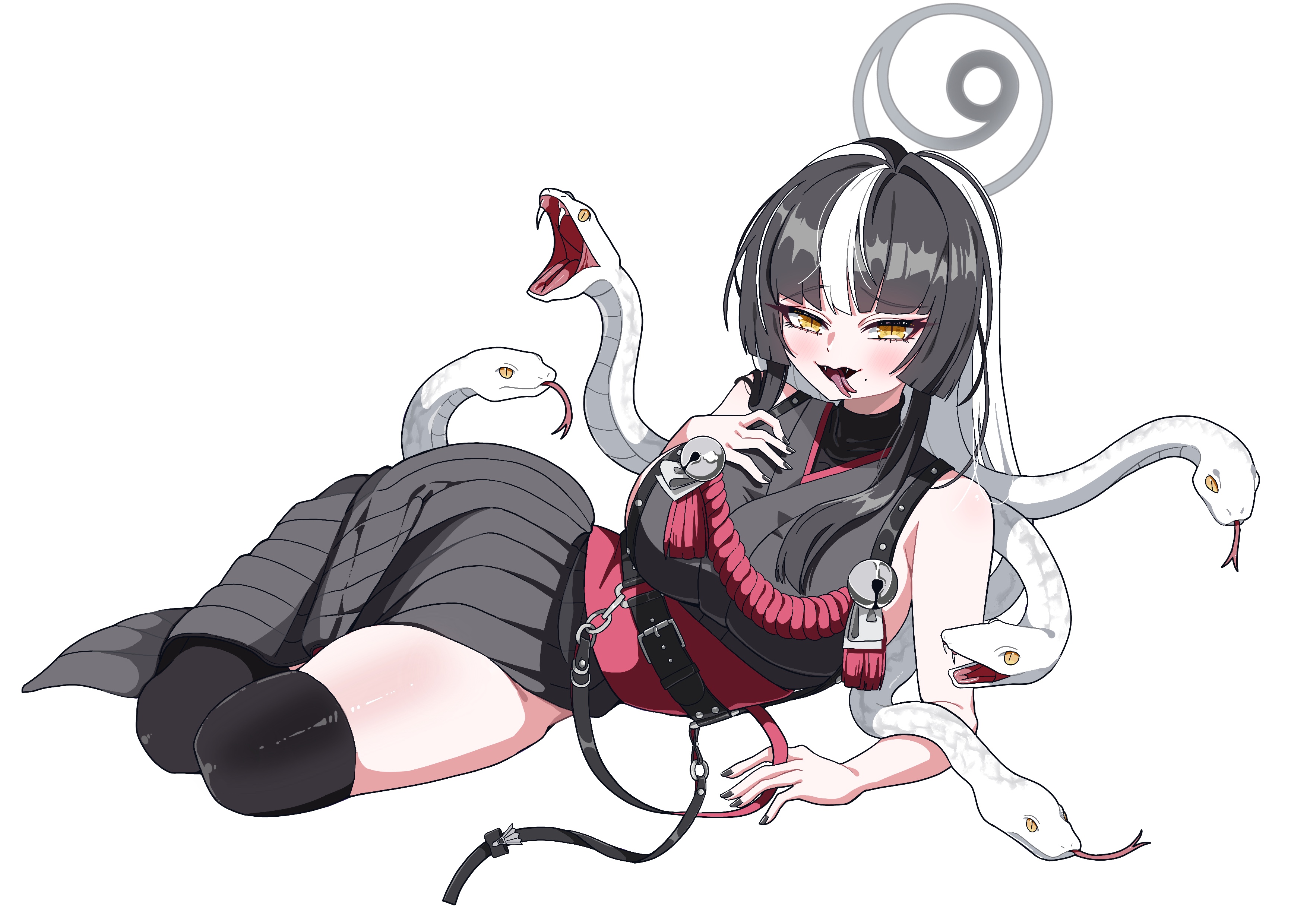 days (user zehd4554), azami (blue archive), blue archive, absurdres, highres, 1girl, black hair, black kimono, black nails, black thighhighs, breasts, forked tongue, grey halo, halo, japanese clothes, kimono, large breasts, looking at viewer, multicolored hair, sleeveless, sleeveless kimono, slit pupils, snake, snake hair, solo, thighhighs, tongue, two-tone hair, white hair, white snake, yellow eyes