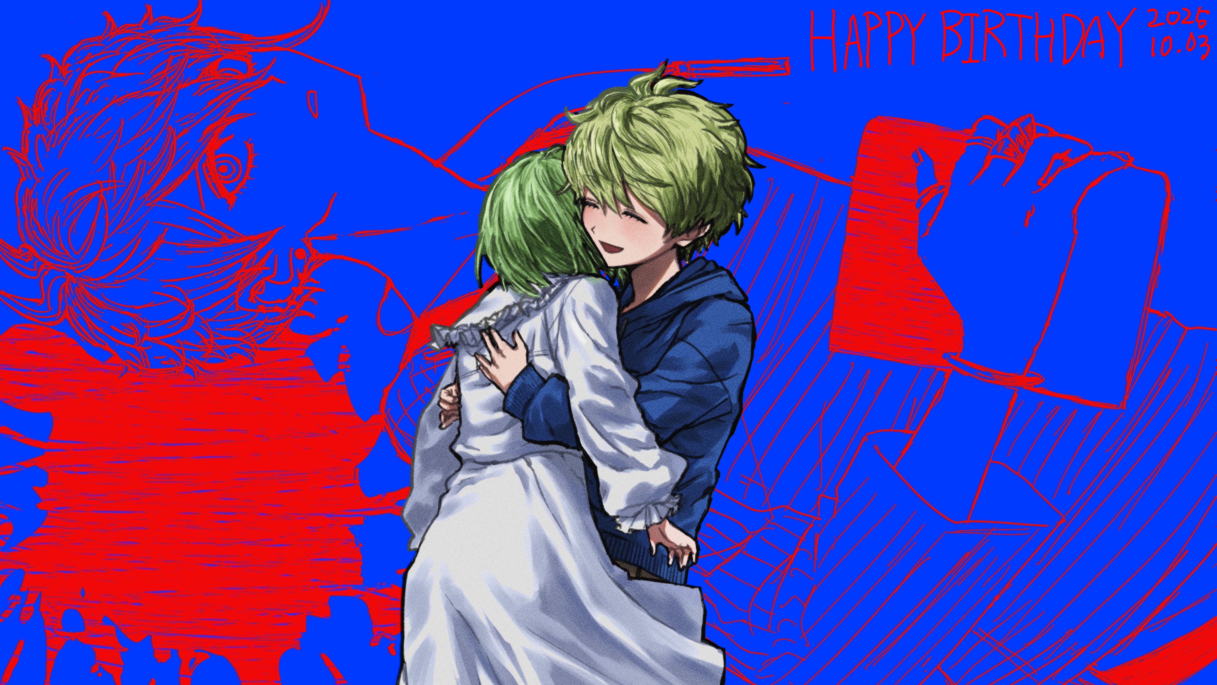 amami rantaro, danganronpa (series), danganronpa v3: killing harmony, absurdres, character request, highres, 1boy, 1girl, :d, blue background, blue hoodie, dated, dress, green hair, happy, happy birthday, hawai chiwawa, hood, hood down, hoodie, hug, long sleeves, open mouth, short hair, smile, white dress