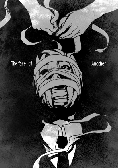 atamaokasii, 1boy, 1other, bandaged head, bandages, blending, collared shirt, covered face, english text, formal clothes, greyscale, jacket, looking up, male focus, monochrome, necktie, out of frame, portrait, shirt, suit, tanin no kao, unwrapping, wide-eyed