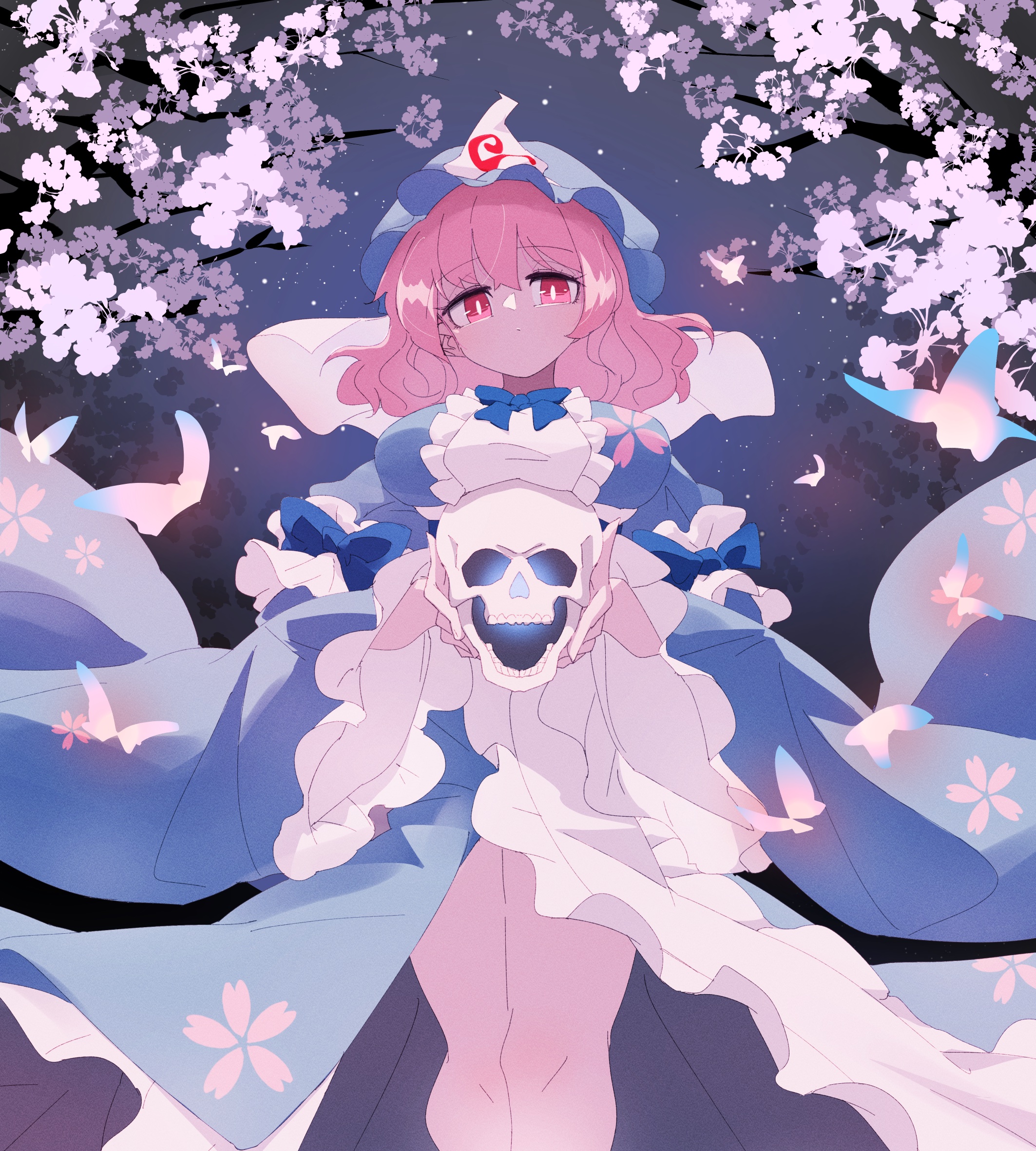 ryouryou, saigyouji yuyuko, touhou, commentary request, highres, 1girl, :o, blue kimono, breasts, bright pupils, bug, butterfly, cherry blossoms, closed mouth, expressionless, frills, hat, holding, holding skull, insect, japanese clothes, kimono, large breasts, legs, looking at viewer, medium hair, mob cap, night, night sky, pink eyes, pink hair, skull, sky, solo, thighs, veil, wavy hair, white pupils