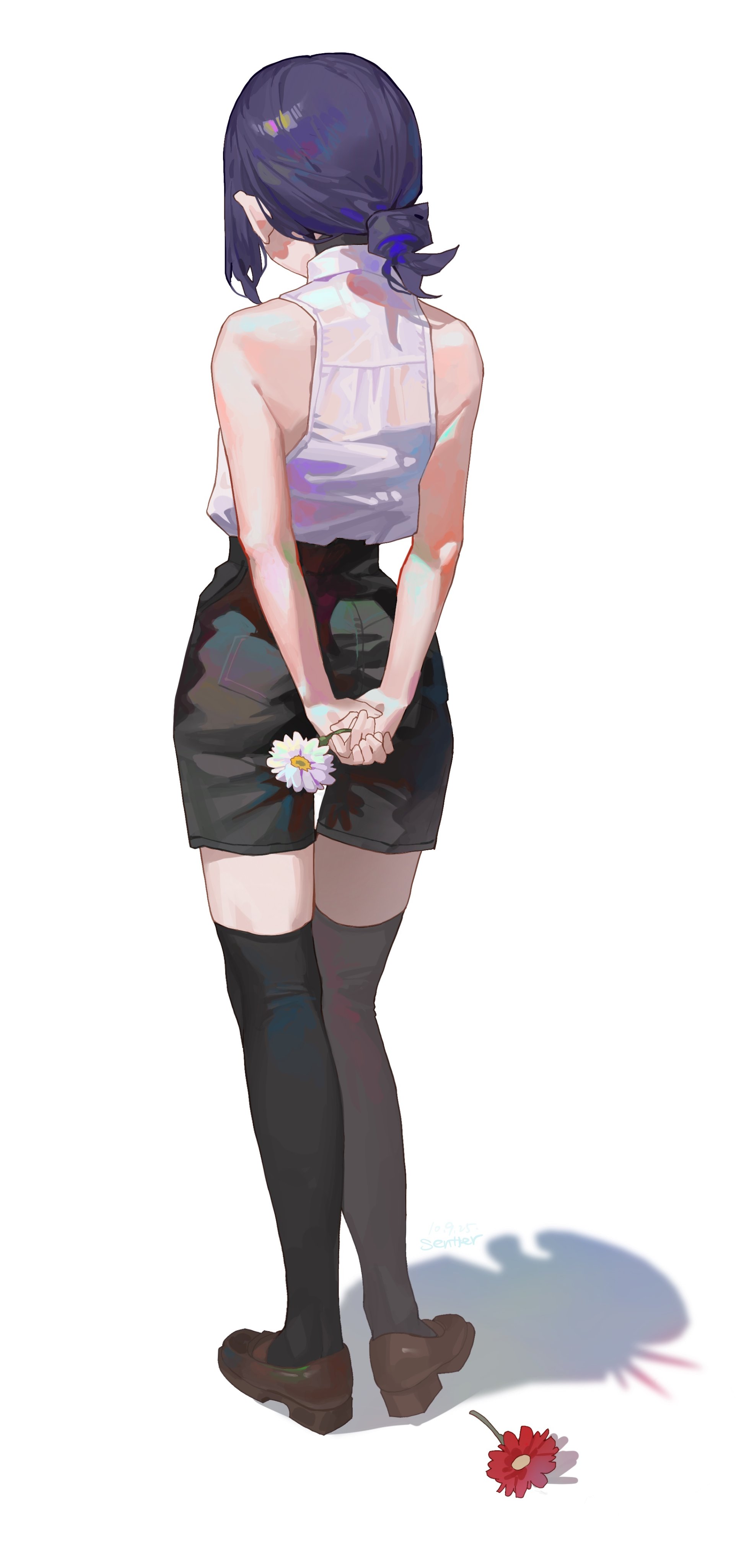 sentter, bomb devil (chainsaw man), reze (chainsaw man), chainsaw man, absurdres, commentary request, highres, 1girl, arms behind back, bare shoulders, black choker, black hair, black shorts, black thighhighs, brown shoes, choker, collared shirt, different shadow, flower, from behind, full body, high-waist shorts, holding, holding flower, low ponytail, medium hair, ponytail, red flower, shirt, shoes, shorts, simple background, sleeveless, sleeveless shirt, solo, standing, thighhighs, white background, white flower, white shirt, zettai ryouiki