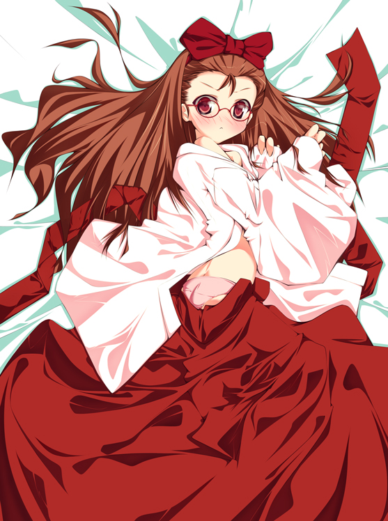 chu (chu inthis), minase iori, idolmaster, idolmaster (classic), idolmaster 1, 00s, 1girl, blush, brown hair, female focus, glasses, hair ribbon, japanese clothes, long hair, lying, miko, open clothes, panties, pink panties, red eyes, ribbon, solo, underwear