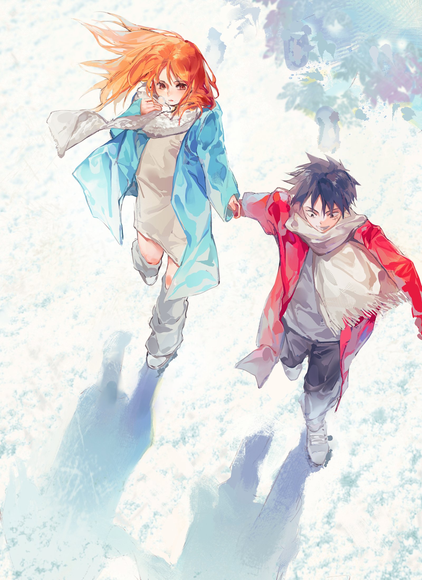 lidocaine0, monkey d. luffy, nami (one piece), one piece, chinese commentary, commentary request, highres, 1boy, 1girl, alternate costume, black hair, black pants, blue coat, breath, brown eyes, coat, dress, facial scar, flower, from above, full body, grey dress, grey shirt, grin, holding hands, leg warmers, long hair, long sleeves, open clothes, open coat, orange hair, outdoors, pants, red coat, scar, scar on cheek, scar on face, scarf, shirt, short hair, sleeves past wrists, smile, snow, walking, white scarf, winter clothes