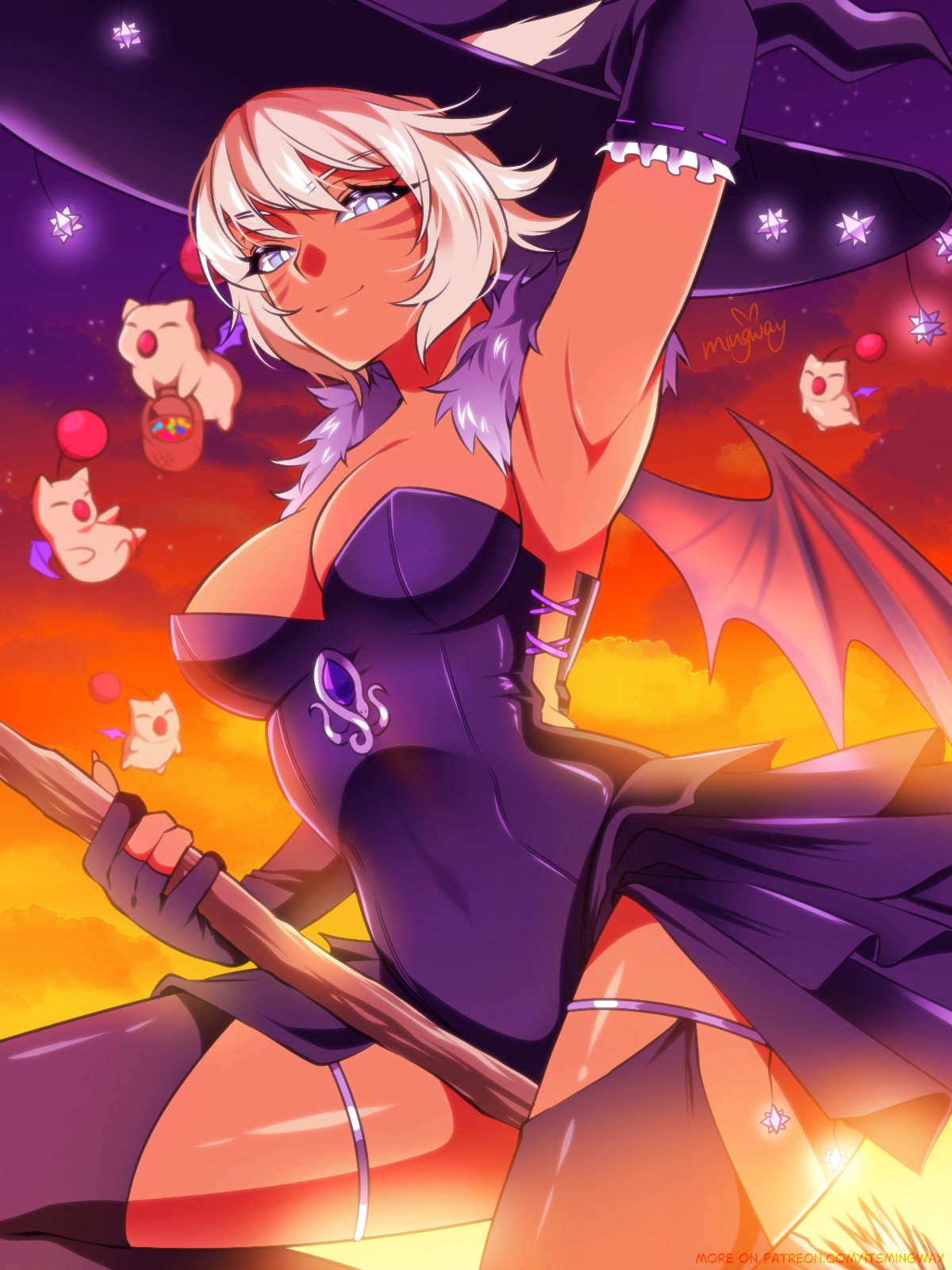 mingway, moogle, y'shtola rhul, final fantasy, final fantasy xiv, highres, 1girl, animal ears, bat wings, breasts, broom, broom riding, cat ears, cat girl, cleavage, dark-skinned female, dark skin, elbow gloves, facial mark, fingerless gloves, fur trim, gloves, halloween, halloween costume, hat, large breasts, leotard, looking at viewer, miqo'te, purple leotard, purple thighhighs, thigh strap, thighhighs, whisker markings, white hair, wings, witch hat