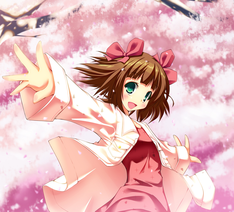 chu (chu inthis), amami haruka, idolmaster, idolmaster (classic), idolmaster 1, 00s, 1girl, brown hair, cherry blossoms, female focus, green eyes, hair ribbon, jacket, nature, outdoors, outstretched arms, petals, ribbon, short hair, solo, spread arms