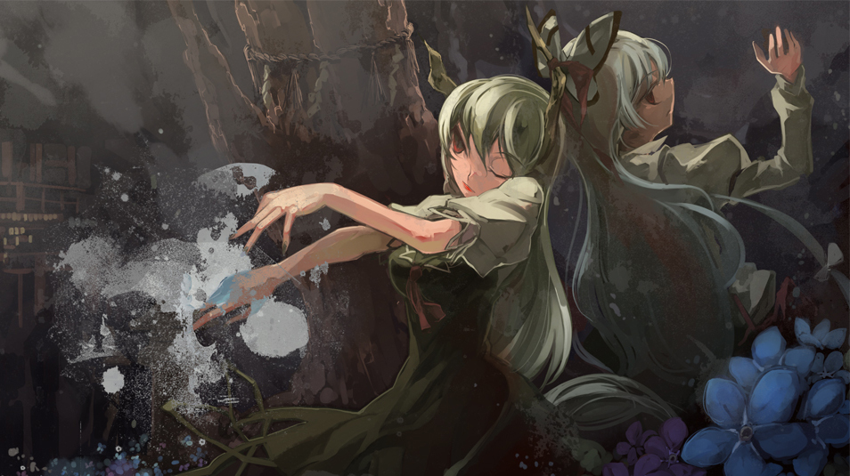 shimadoriru, sima (pixiv), ex-keine, fujiwara no mokou, kamishirasawa keine, touhou, silver hair, bad id, bad pixiv id, 2girls, back-to-back, blush, closed eyes, female focus, head tilt, horns, long hair, multiple girls, pants, puffy short sleeves, puffy sleeves, short sleeves, suspenders, upper body, very long hair