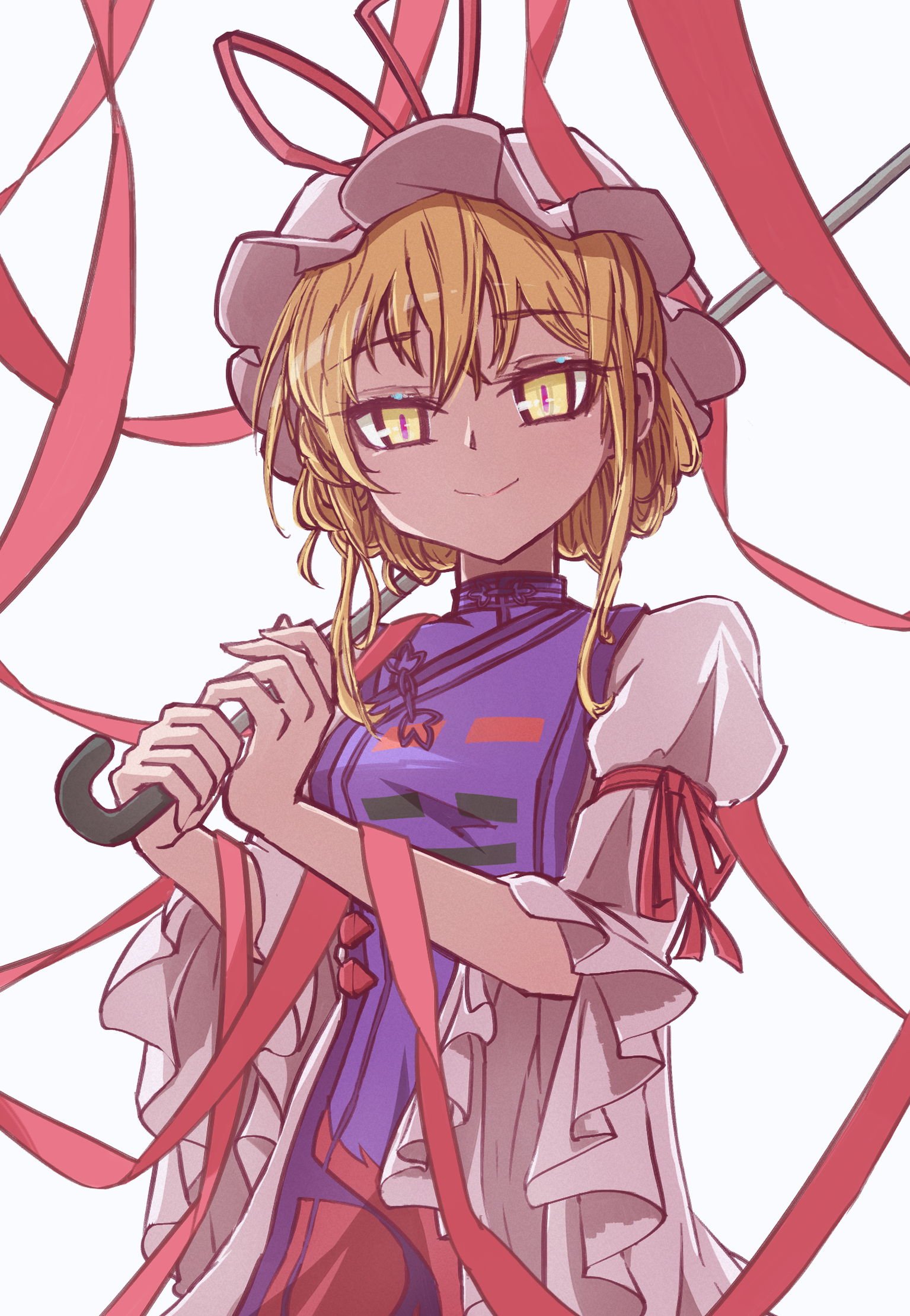 ryouryou, yakumo yukari, touhou, commentary request, highres, 1girl, blonde hair, closed mouth, dress, hair between eyes, hat, holding, holding umbrella, long sleeves, looking at viewer, mob cap, purple tabard, sidelocks, smile, solo, tabard, umbrella, upper body, white background, white dress, yellow eyes