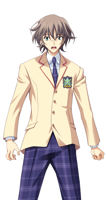 matsuo yukihiro, chaos;head, science adventure, game cg, official art, 1boy, blazer, brown hair, brown jacket, clenched hand, collared shirt, cowboy shot, dress shirt, earrings, green eyes, jacket, jewelry, lapels, looking at viewer, male focus, misumi daisuke, necktie, nervous sweating, notched lapels, open mouth, pants, plaid clothes, plaid necktie, plaid pants, purple necktie, purple pants, red trim, school emblem, school uniform, shirt, short hair, simple background, smile, solo, sprite, standing, suimei academy school uniform, sweat, sweatdrop, teeth, tongue, transparent background, white shirt, worried