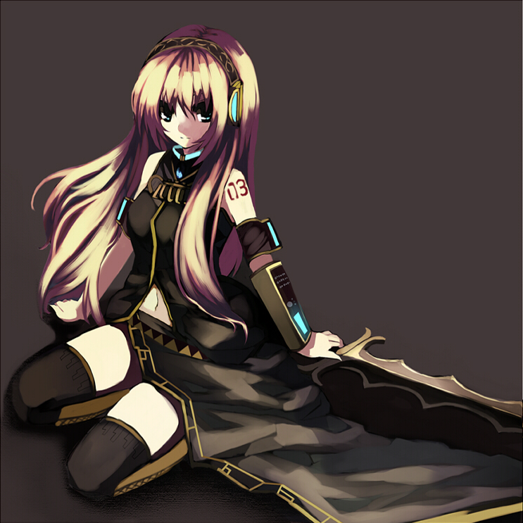 ken (coffee michikusa), buront, megurine luka, final fantasy, final fantasy xi, vocaloid, bad id, bad pixiv id, 1girl, buront (cosplay), cloak, cosplay, female focus, headset, long hair, navel, sitting, solo, sword, thighhighs, weapon