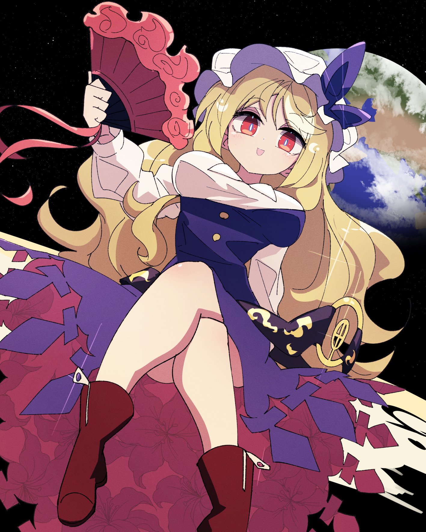 ryouryou, watatsuki no toyohime, touhou, highres, 1girl, :d, blonde hair, boots, breasts, crossed legs, dress, earth (planet), hand fan, hat, holding, holding fan, large breasts, long hair, long sleeves, looking at viewer, mob cap, open mouth, planet, purple dress, red boots, red eyes, shirt, sitting, smile, solo, space, white shirt
