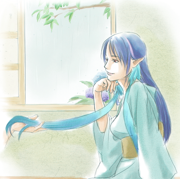 june rainydays, judith (tales), tales of (series), tales of vesperia, 00s, 1girl, androgynous, blue hair, female focus, indoors, japanese clothes, kimono, long hair, official alternate costume, pointy ears, red eyes, sky, smile, solo, window