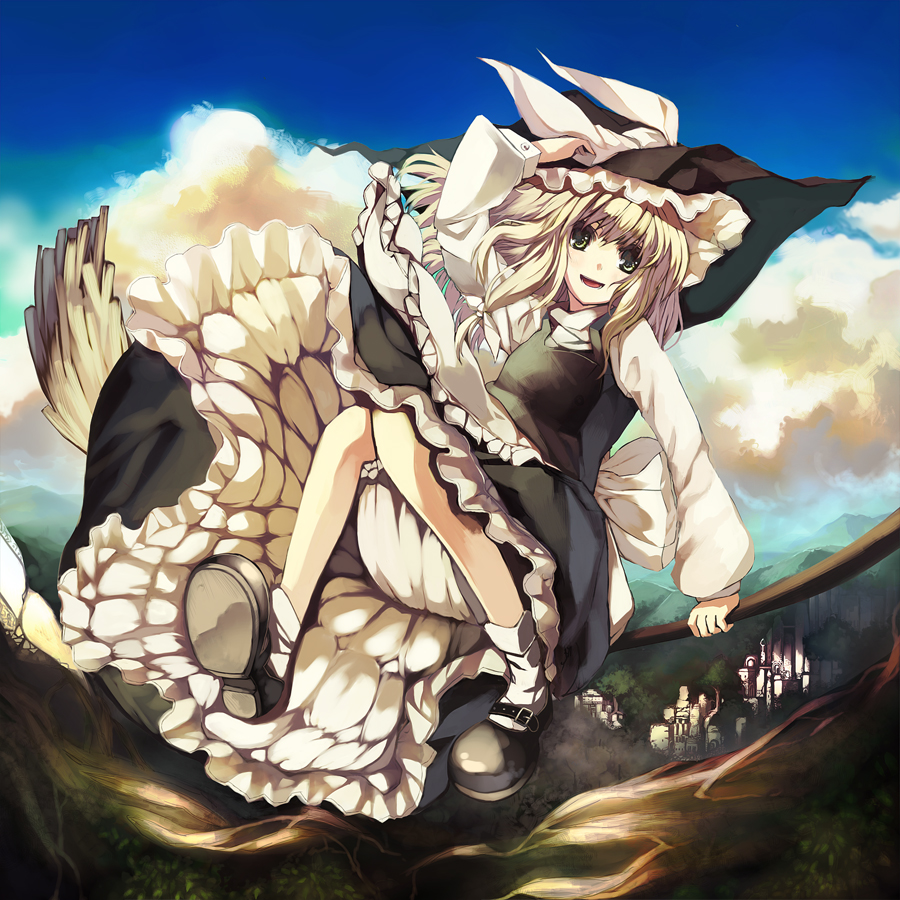 ken (coffee michikusa), kirisame marisa, touhou, 1girl, blonde hair, broom, broom riding, day, female focus, forest, hat, nature, outdoors, sky, solo, witch, witch hat