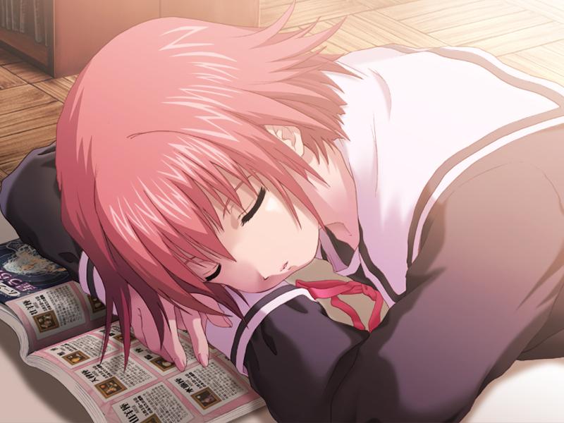 kasuga tsukasa, tokimeki memorial, tokimeki memorial only love, game cg, 00s, 1girl, book, desk, female focus, pink hair, red hair, school uniform, short hair, sleeping, solo