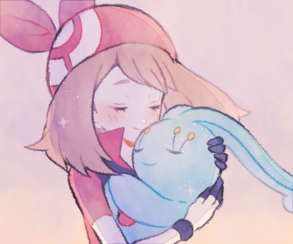 ryokuno green, manaphy, may (pokemon), nintendo, pokemon, pokemon (anime), pokemon ranger and the temple of the sea, pokemon rse (anime), commentary request, 1girl, bandana, blush, brown hair, closed eyes, closed mouth, eyelashes, gen 4 pokemon, gloves, holding, holding pokemon, legendary pokemon, mythical pokemon, pokemon (creature), red bandana, short sleeves, simple background, smile, white gloves