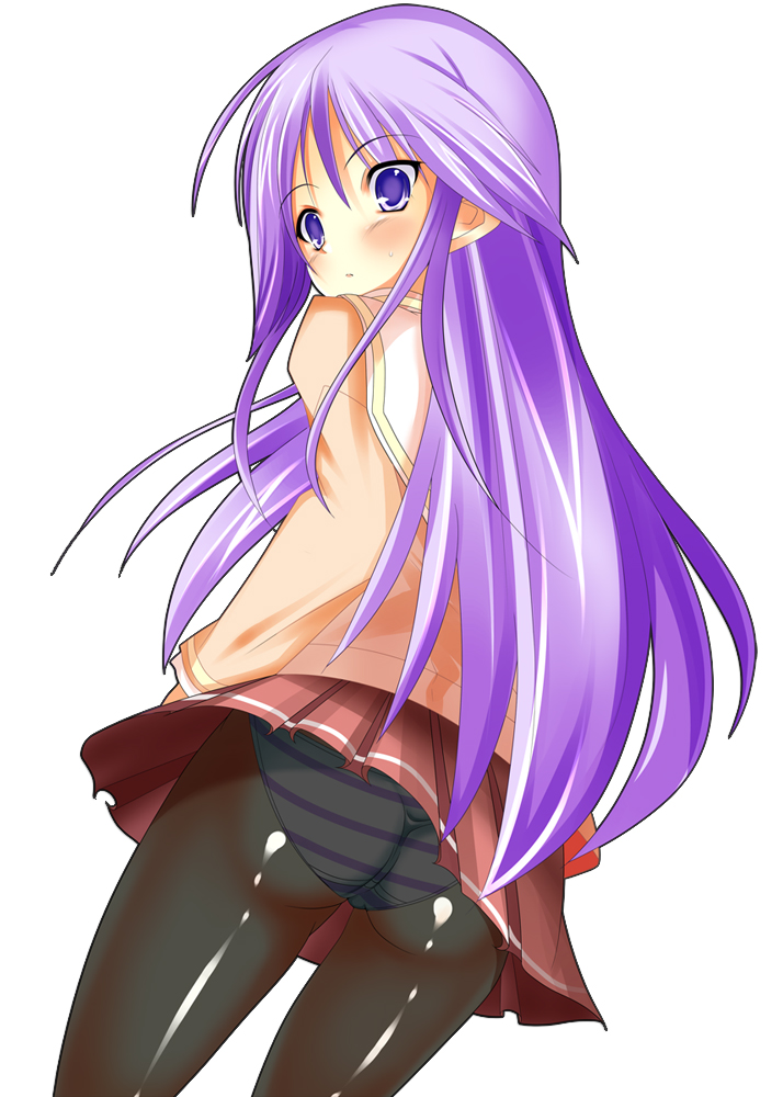 taigi akira, watarase jun, happiness!, 00s, 1boy, ass, crossdressing, crossdressing (mtf), from behind, long hair, looking back, male focus, panties, panties under pantyhose, pantyhose, pantyshot, purple eyes, purple hair, school uniform, skirt, solo, striped clothes, striped panties, trap, underwear, upskirt