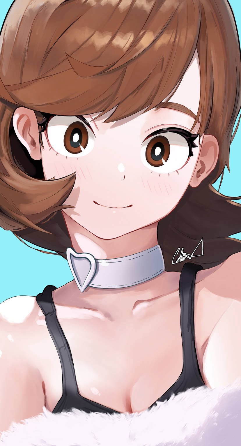 takeba yukari, persona, persona 3, persona 3 reload, hashtag-only commentary, highres, 1girl, bare shoulders, blue background, blue eyes, bra strap, breasts, brown eyes, brown hair, cebe, choker, cleavage, close-up, closed mouth, collarbone, flipped hair, fur-trimmed sweater, fur trim, heart, heart choker, looking at viewer, mirror image, off-shoulder sweater, off shoulder, official alternate costume, short hair, signature, smile, solo, straight-on, sweater, swept bangs, upper body, white choker