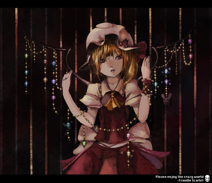 amekura, flandre scarlet, touhou, bad id, bad pixiv id, 1girl, alternate wings, blonde hair, blouse, collared shirt, english text, female focus, hat, mob cap, red eyes, ribbon, shirt, solo, white hat, white shirt, wings