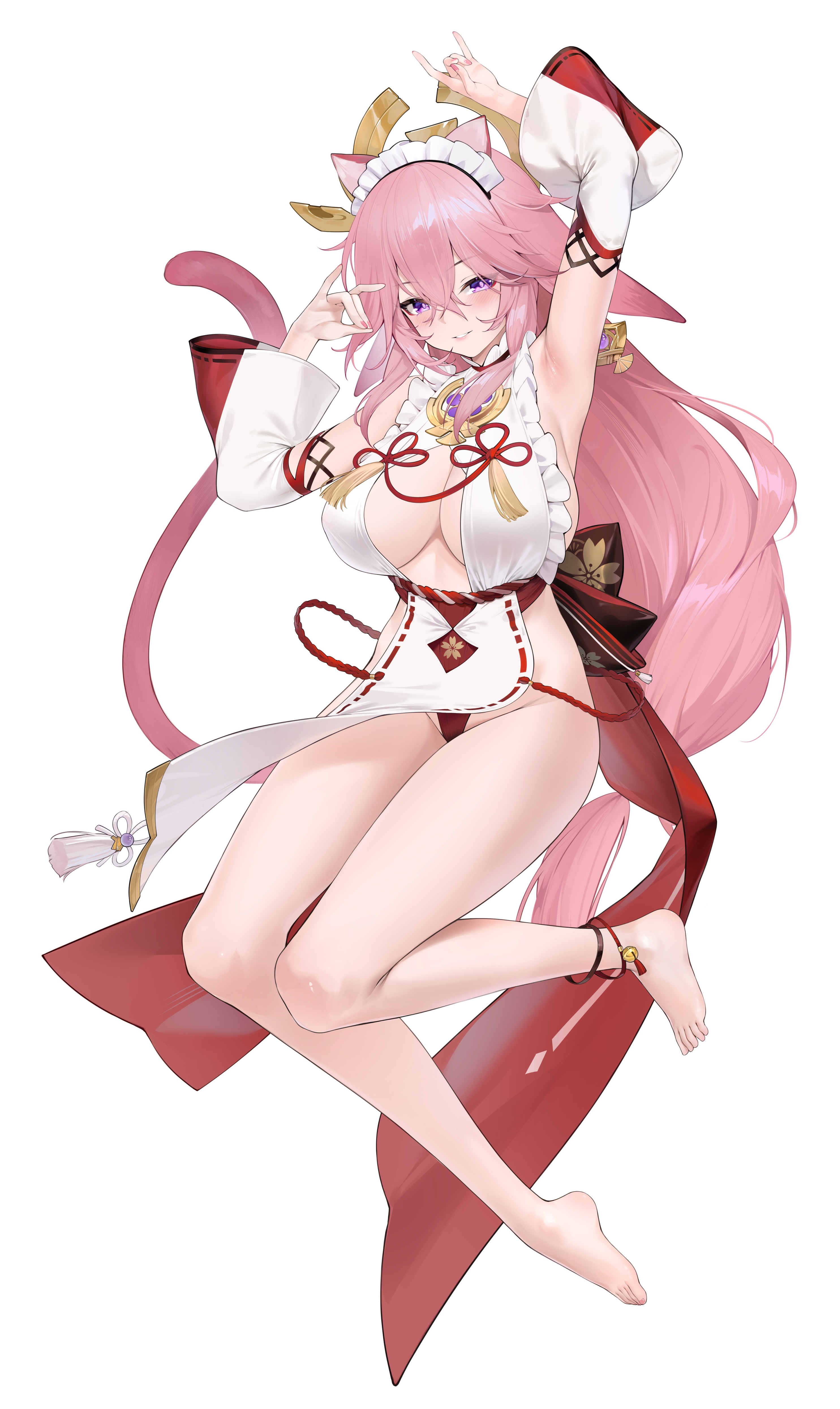 janload1ng, yae miko, genshin impact, absurdres, highres, 1girl, alternate costume, animal ears, arm up, armpits, bare legs, barefoot, cat ears, cat tail, detached sleeves, fox ears, fox shadow puppet, full body, hair between eyes, hand up, headdress, long hair, long sleeves, looking at viewer, parted lips, simple background, smile, solo, tail, very long hair, white background
