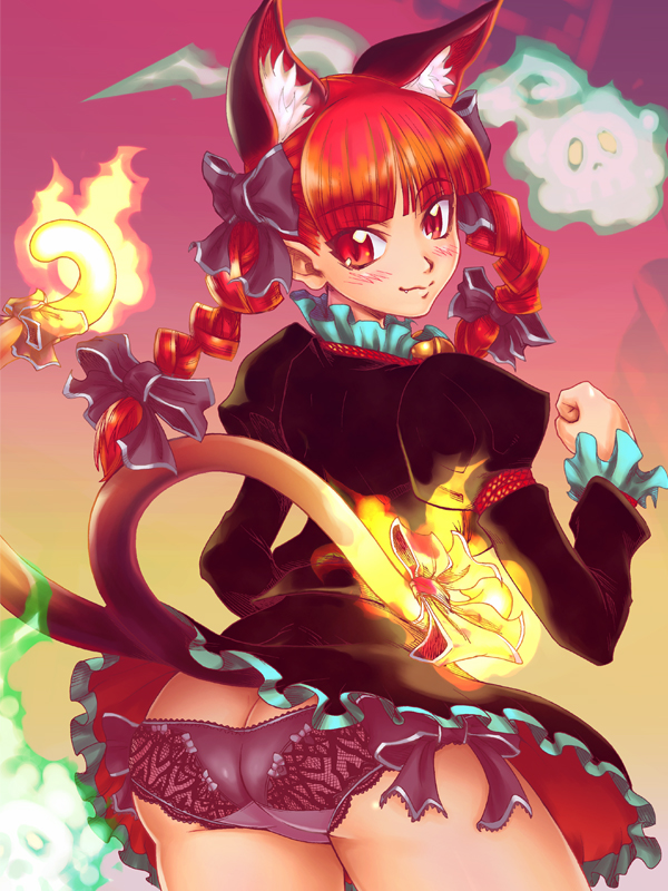 sentarou, kaenbyou rin, touhou, 1girl, animal ears, ass, black panties, blush, braid, female focus, fire, from behind, lingerie, looking back, panties, pantyshot, red eyes, red hair, smile, solo, tail, underwear