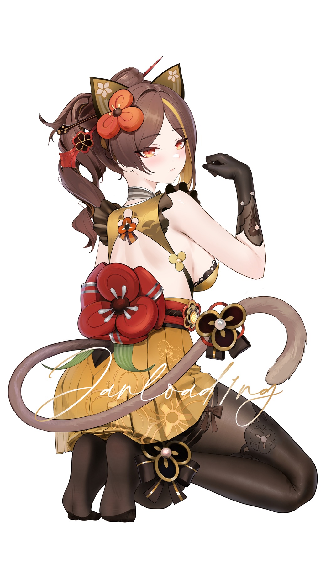 janload1ng, chiori (genshin impact), genshin impact, highres, 1girl, adapted costume, artist name, black gloves, black pantyhose, blonde hair, breasts, brown hair, cat tail, closed mouth, colored inner hair, drill hair, drill ponytail, expressionless, feet, from behind, full body, gloves, hair ornament, hairpin, kneeling, looking at viewer, looking back, medium hair, multicolored hair, no shoes, obi, pantyhose, red eyes, sash, side ponytail, sideboob, signature, skirt, soles, streaked hair, tail, yellow skirt