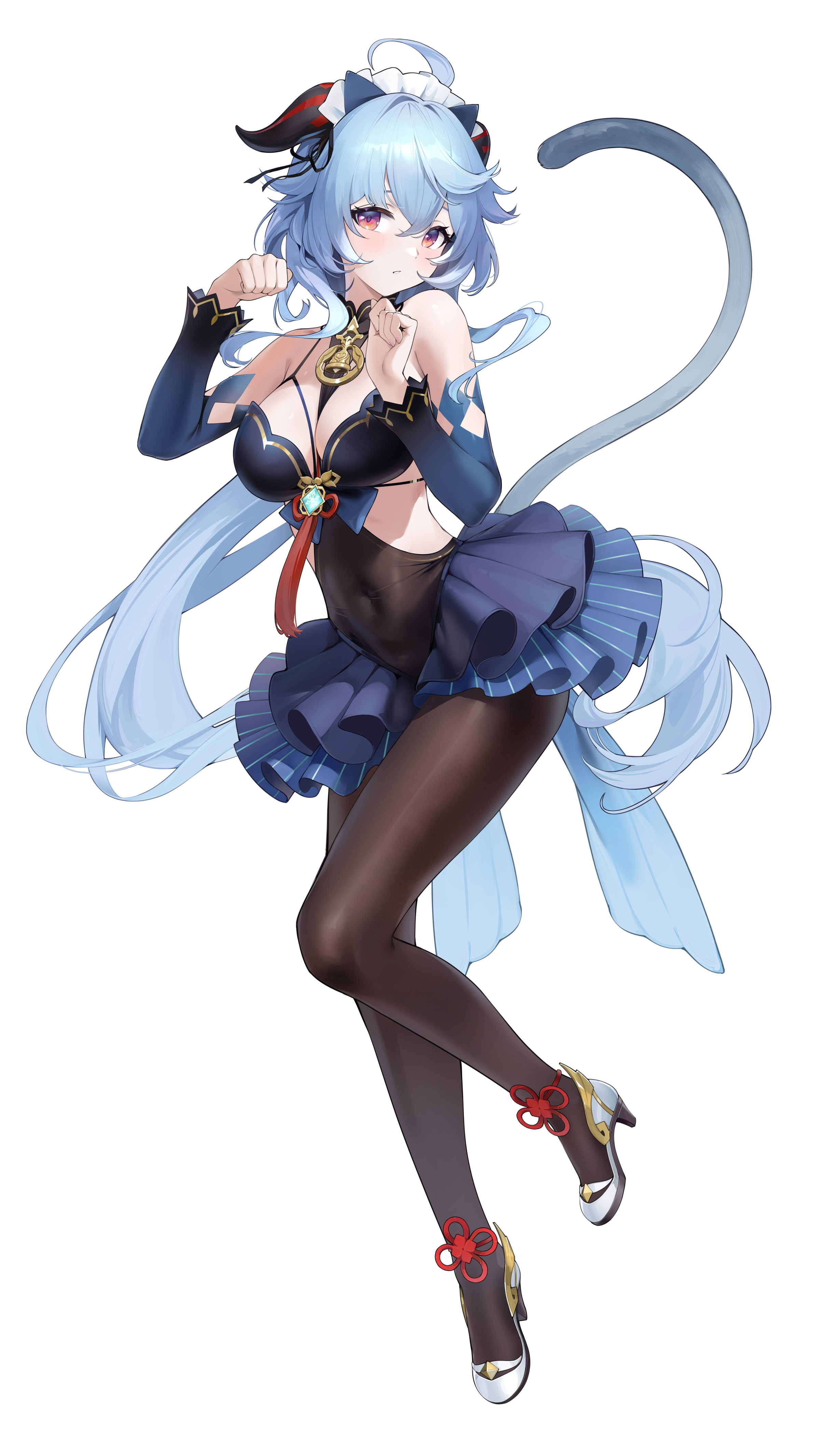 janload1ng, ganyu (genshin impact), genshin impact, absurdres, highres, 1girl, ahoge, alternate costume, bare shoulders, black pantyhose, blue hair, cat tail, covered navel, detached sleeves, full body, goat horns, hair between eyes, hands up, headdress, high heels, horns, long hair, long sleeves, looking at viewer, pantyhose, parted lips, pink eyes, shoes, simple background, solo, tail, tassel, very long hair, white background, white shoes