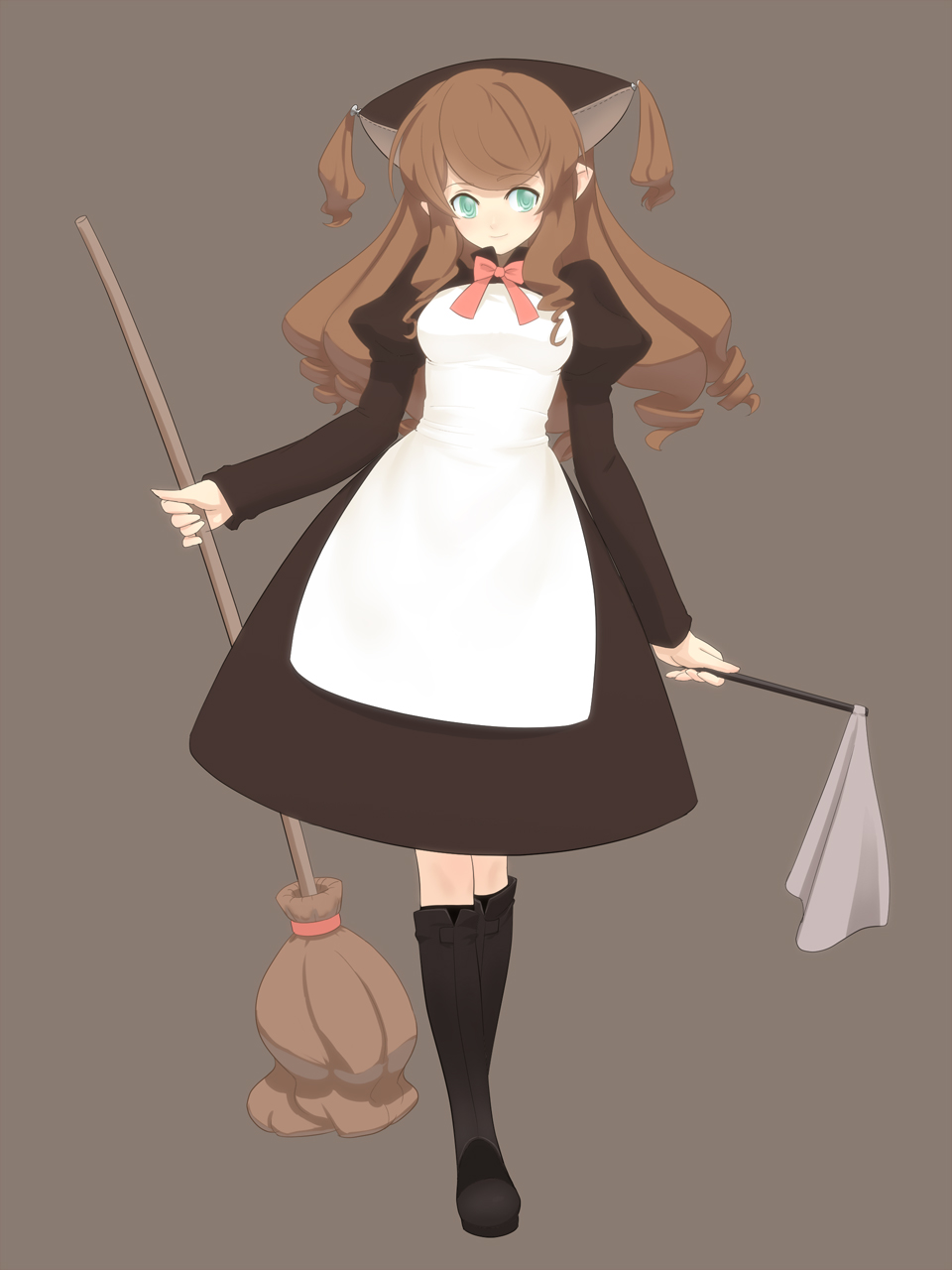 ga9, bad id, bad pixiv id, highres, blue eyes, boots, broom, brown hair, dress, drill hair, long hair, solo
