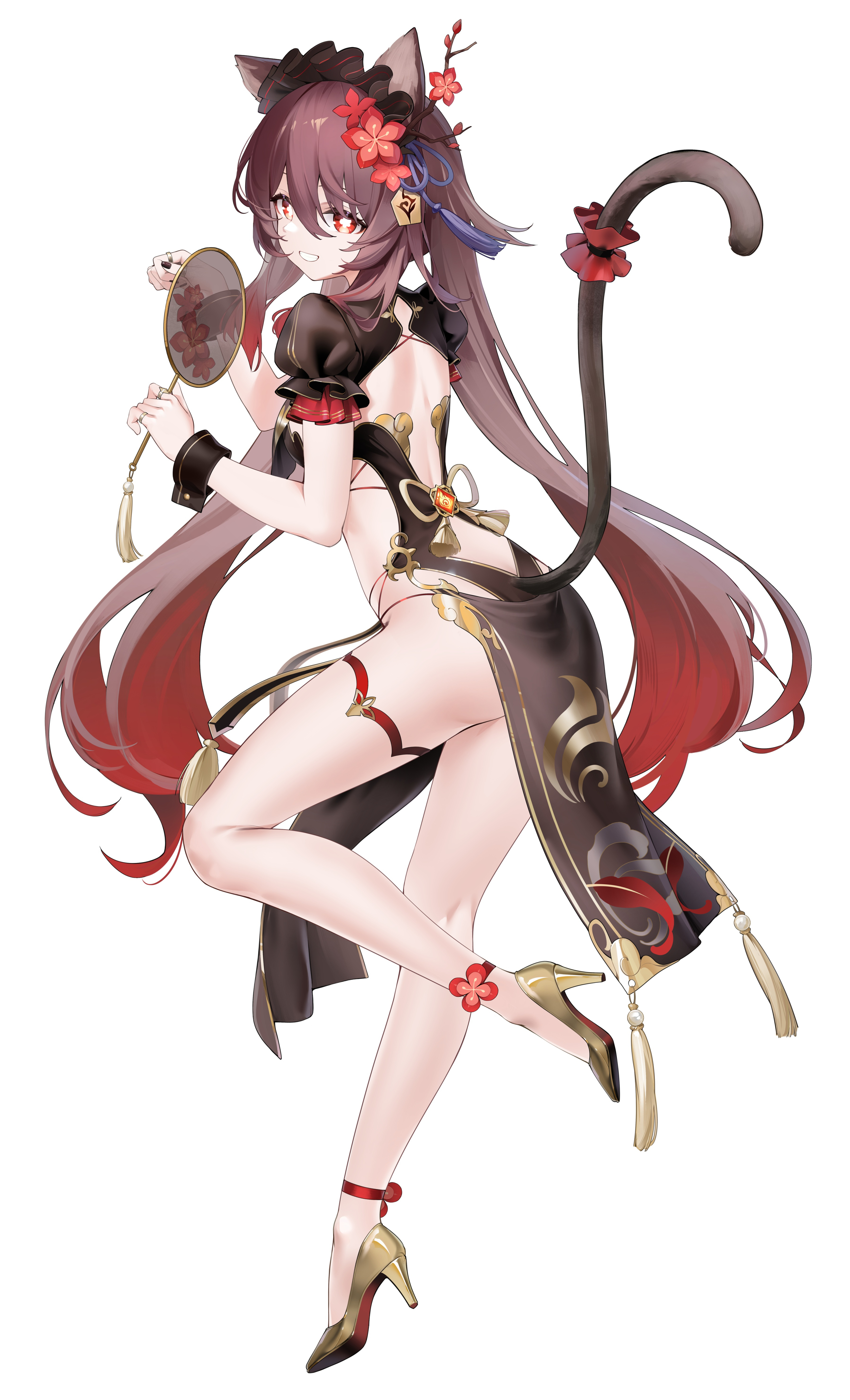 janload1ng, hu tao (genshin impact), genshin impact, absurdres, highres, 1girl, alternate costume, animal ears, bare legs, black wrist cuffs, brown hair, cat ears, cat tail, flower-shaped pupils, from behind, full body, gold shoes, hair between eyes, hair ornament, hand fan, headdress, high heels, holding, holding fan, long hair, looking at viewer, red eyes, shoes, simple background, smile, solo, symbol-shaped pupils, tail, twintails, very long hair, white background, wrist cuffs