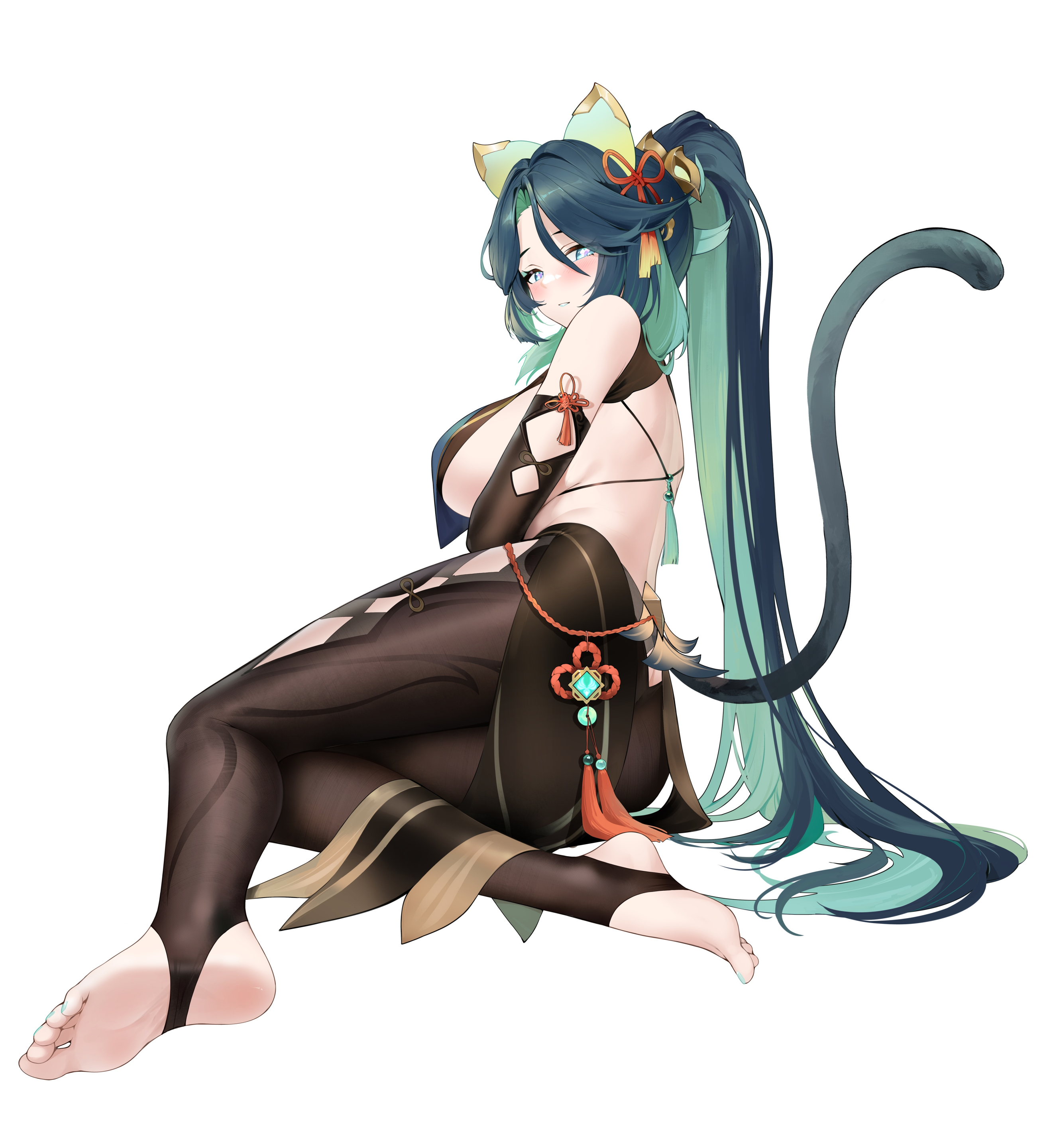 janload1ng, xianyun (genshin impact), genshin impact, absurdres, highres, 1girl, alternate costume, bare shoulders, black gloves, black hair, black pantyhose, breasts, cat tail, clothing cutout, elbow gloves, feet, full body, glove cutout, gloves, green hair, hair between eyes, large breasts, legwear cutout, long hair, looking at viewer, multicolored hair, no shoes, pantyhose, parted lips, ponytail, sideboob, simple background, smile, solo, stirrup legwear, tail, toeless legwear, toes, two-tone hair, very long hair, white background