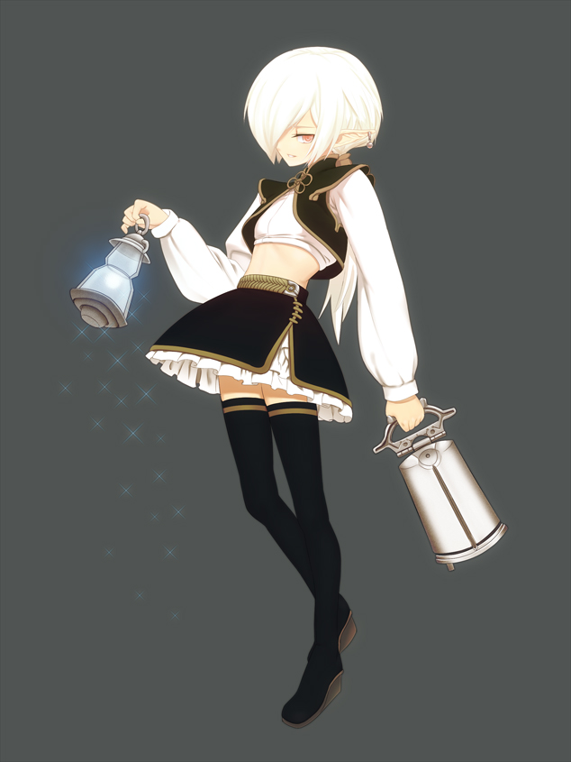 ga9, bad id, bad pixiv id, lamp, midriff, pointy ears, red eyes, short hair, skirt, solo, thighhighs, white eyes, white hair