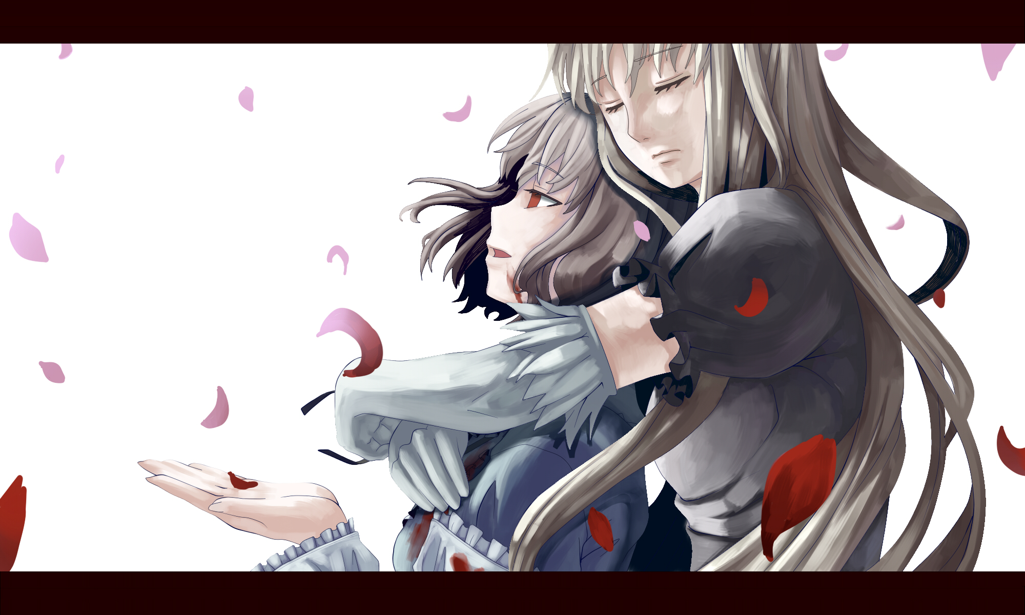 a.torii, saigyouji yuyuko, yakumo yukari, touhou, highres, 2girls, blood, closed eyes, empty eyes, female focus, hug, letterboxed, multiple girls, petals