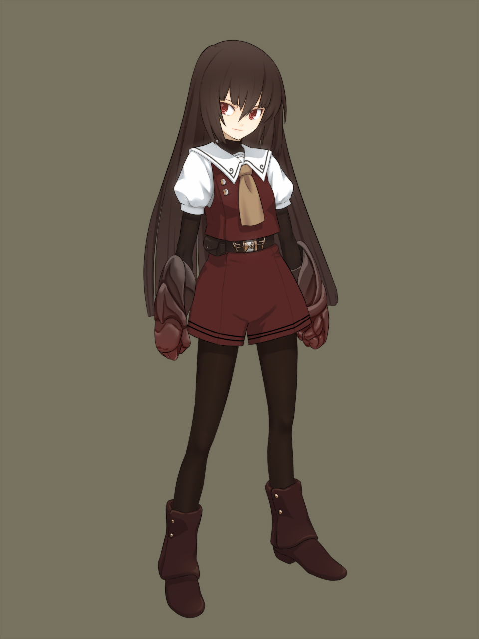 ga9, bad id, bad pixiv id, highres, 1girl, belt, boots, brown eyes, brown hair, female focus, gauntlets, long hair, pantyhose, pantyhose under shorts, shorts, solo