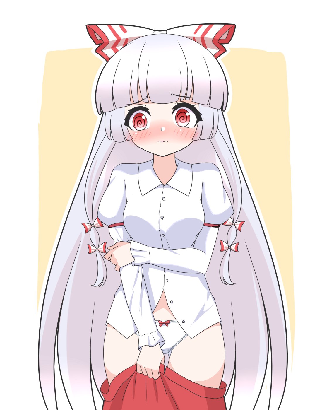 zenji029, fujiwara no mokou, touhou, commentary request, highres, 1girl, blunt bangs, blush, bow, breasts, clothes pull, collared shirt, embarrassed, hair bow, hair ribbon, hand on own arm, long hair, long sleeves, medium breasts, panties, pants, pants pull, red eyes, red pants, ribbon, shirt, solo, thighs, underwear, very long hair, white hair, white panties, white shirt