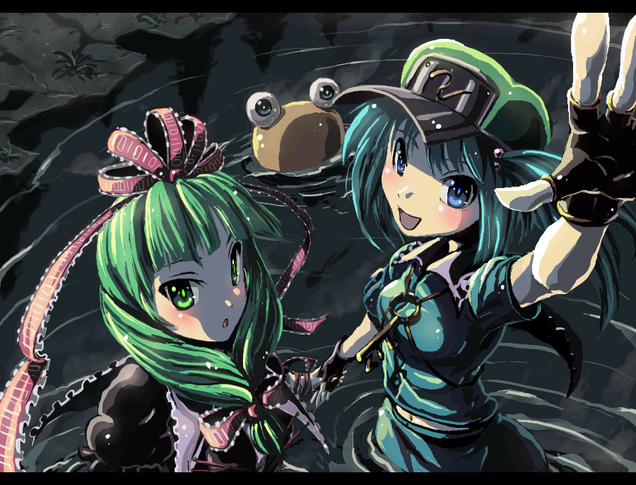 kabutoyama, kagiyama hina, kawashiro nitori, moriya suwako, pyonta, touhou, bad id, bad pixiv id, 2girls, blue eyes, blue hair, bow, breasts, female focus, fingerless gloves, front ponytail, gloves, green eyes, green hair, hair bow, hair ornament, hair ribbon, hat, key, letterboxed, long hair, looking at viewer, multiple girls, open mouth, ribbon, twintails, water