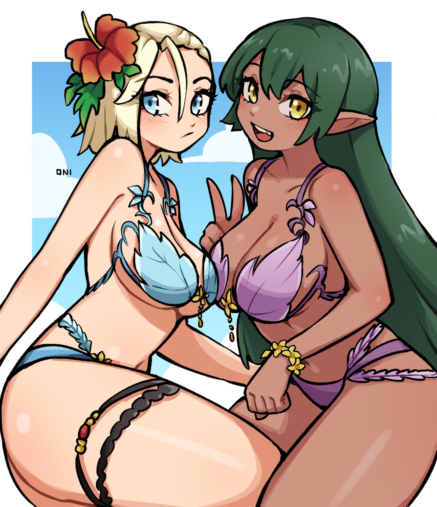 oninuer, original, commentary, commission, english commentary, highres, vgen commission, 2girls, bikini, blonde hair, blue bikini, blue eyes, breasts, cleavage, dark-skinned female, dark skin, double-parted bangs, flower, green hair, hair between eyes, hair flower, hair ornament, large breasts, leaf bikini, long hair, looking at viewer, multiple girls, open mouth, pointy ears, purple bikini, short hair, smile, swimsuit, thigh strap, yellow eyes