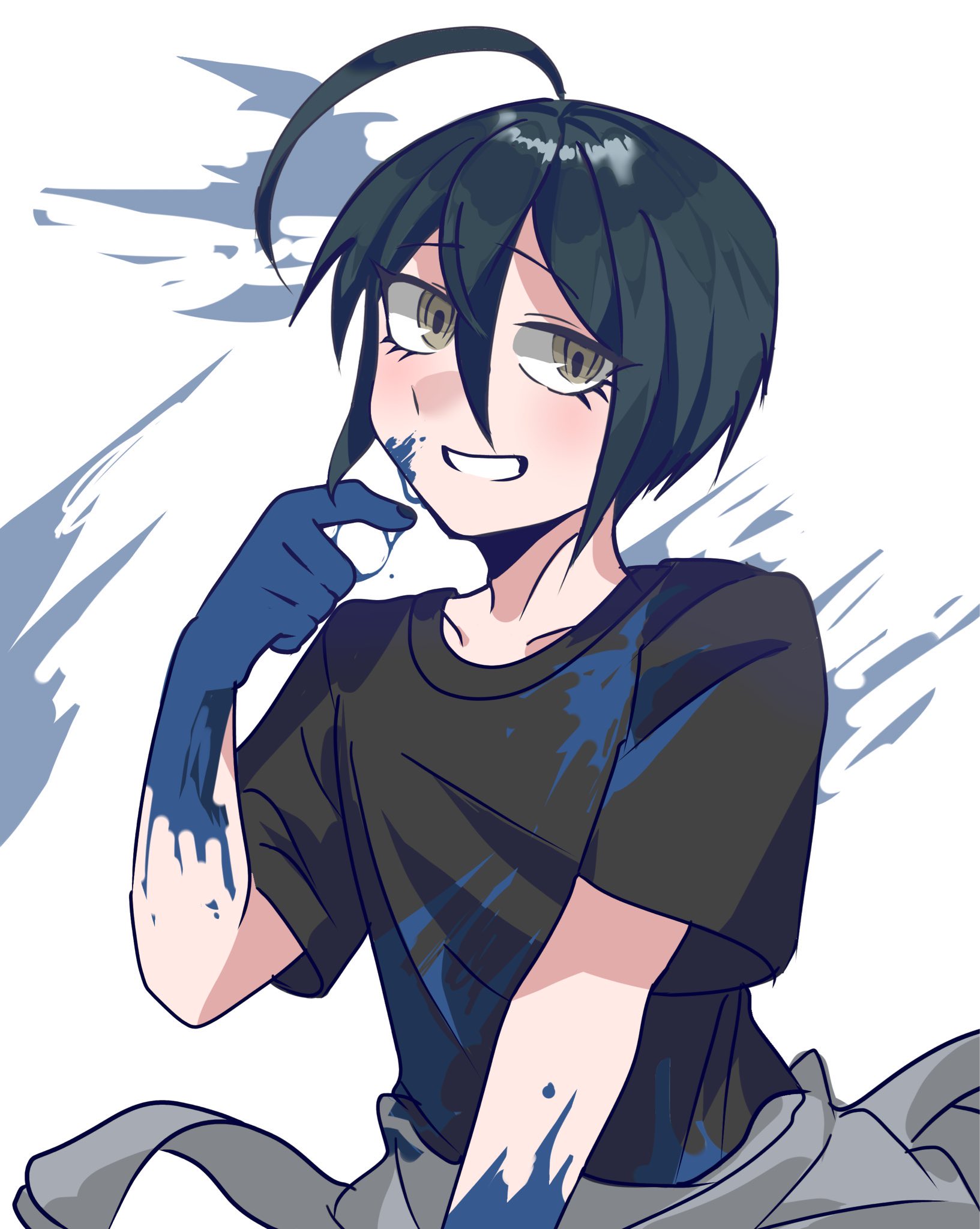 saihara shuichi, danganronpa (series), danganronpa v3: killing harmony, highres, 1boy, ahoge, black hair, black shirt, blue paint, brown eyes, grin, hair between eyes, hand up, kosgichim, male focus, shirt, short hair, short sleeves, smile, solo, teeth, upper body, white background