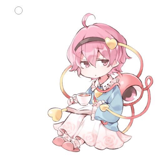 akagashi hagane, komeiji satori, subterranean animism, touhou, 1girl, book, chibi, closed mouth, cup, dot mouth, frilled shirt collar, frilled socks, frills, holding, holding book, holding cup, looking to the side, on floor, pink eyes, pink hair, raised inner eyebrows, short hair, slippers, socks, solo, third eye, white background