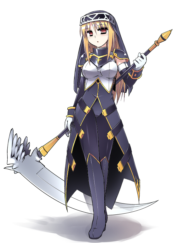 redrantem, tomoshibi hidekazu, original, habit, 1girl, blonde hair, boots, detached sleeves, elbow gloves, female focus, gloves, long hair, red eyes, scythe, solo