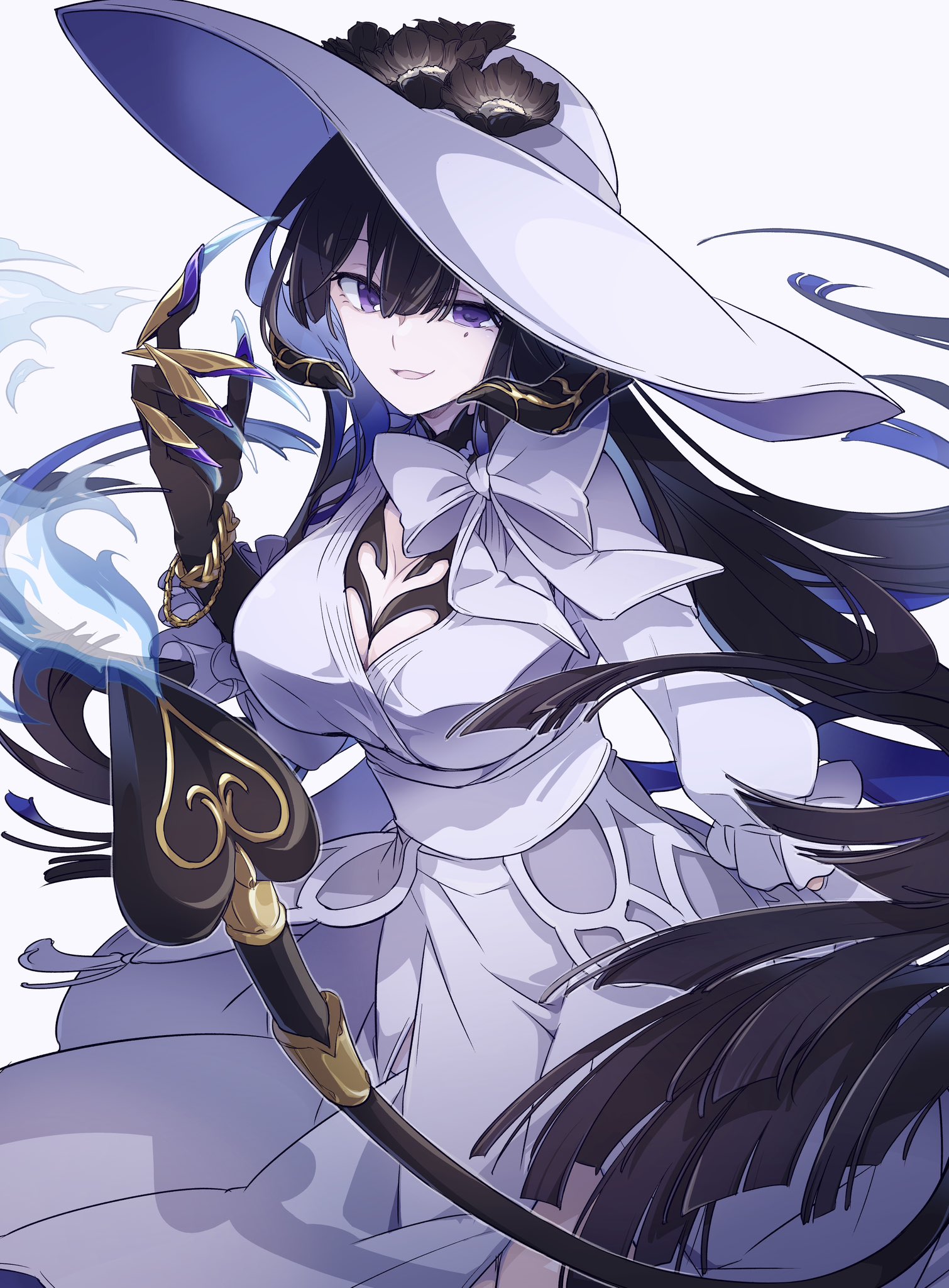 constance (honkai: star rail), honkai: star rail, honkai (series), commentary, commentary request, highres, 1girl, black flower, black hair, bn790ta, bow, breasts, claws, cleavage, colored inner hair, demon horns, dress, flower, hat, hat flower, horns, large breasts, long hair, mole, mole under eye, multicolored hair, purple eyes, smile, sun hat, tail, very long hair, white dress